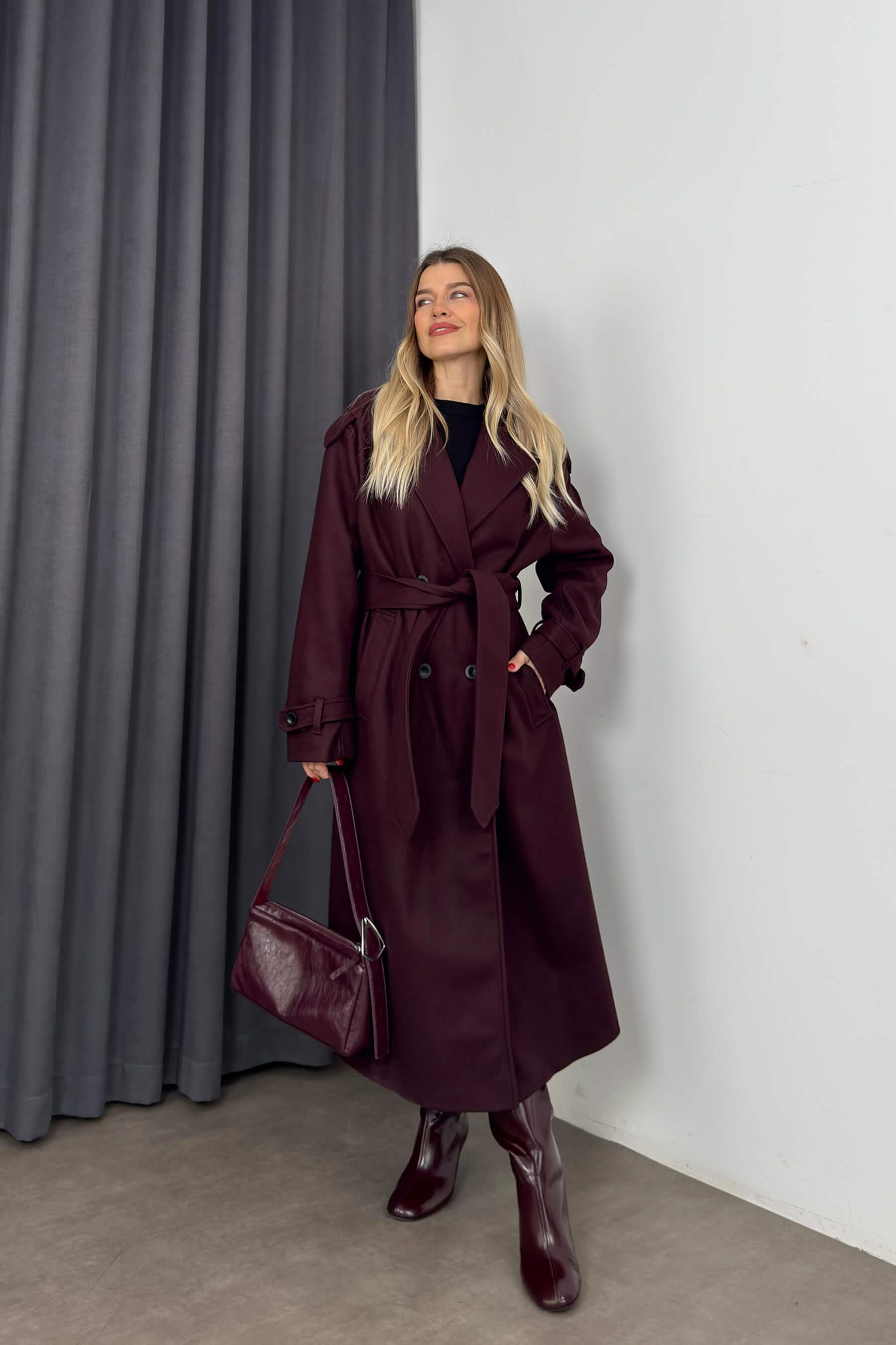Bordo Önü Düğmeli Astarlı Oversize Kaşe Kaban