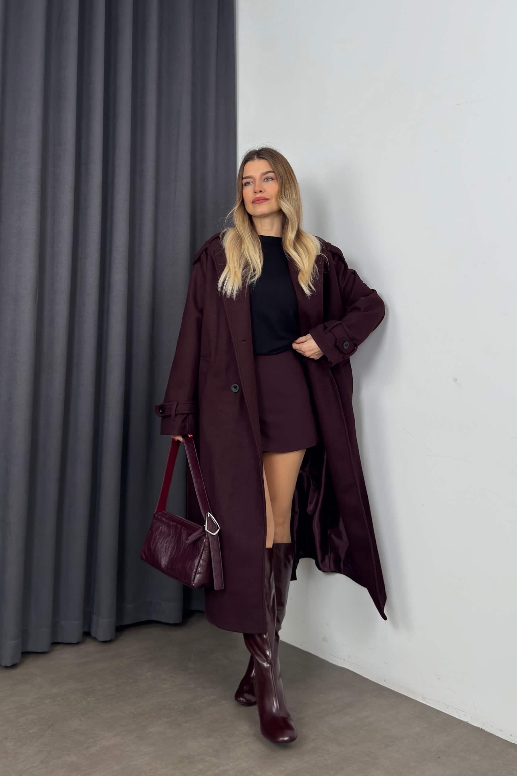 Bordo Önü Düğmeli Astarlı Oversize Kaşe Kaban