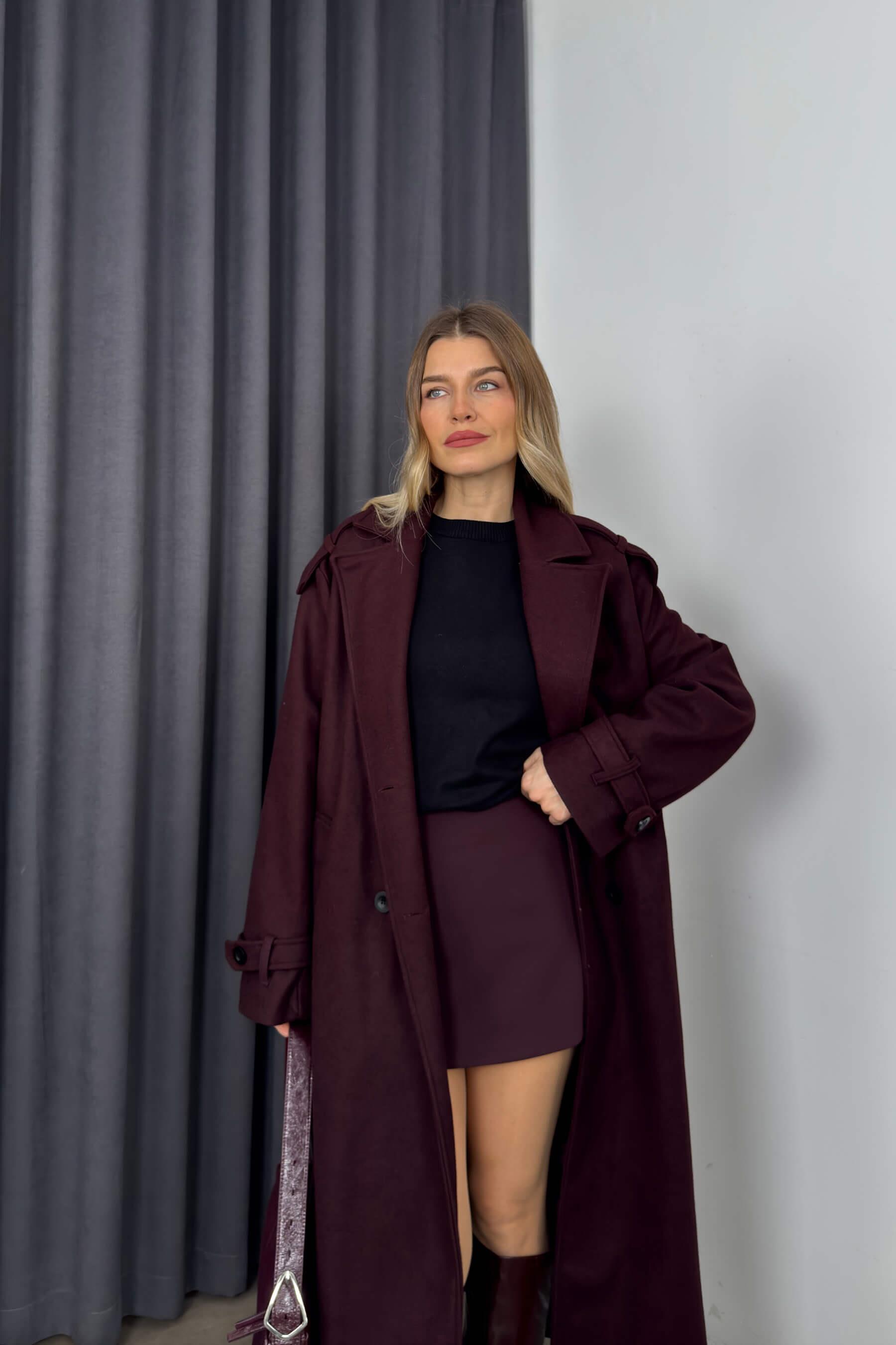 Bordo Önü Düğmeli Astarlı Oversize Kaşe Kaban