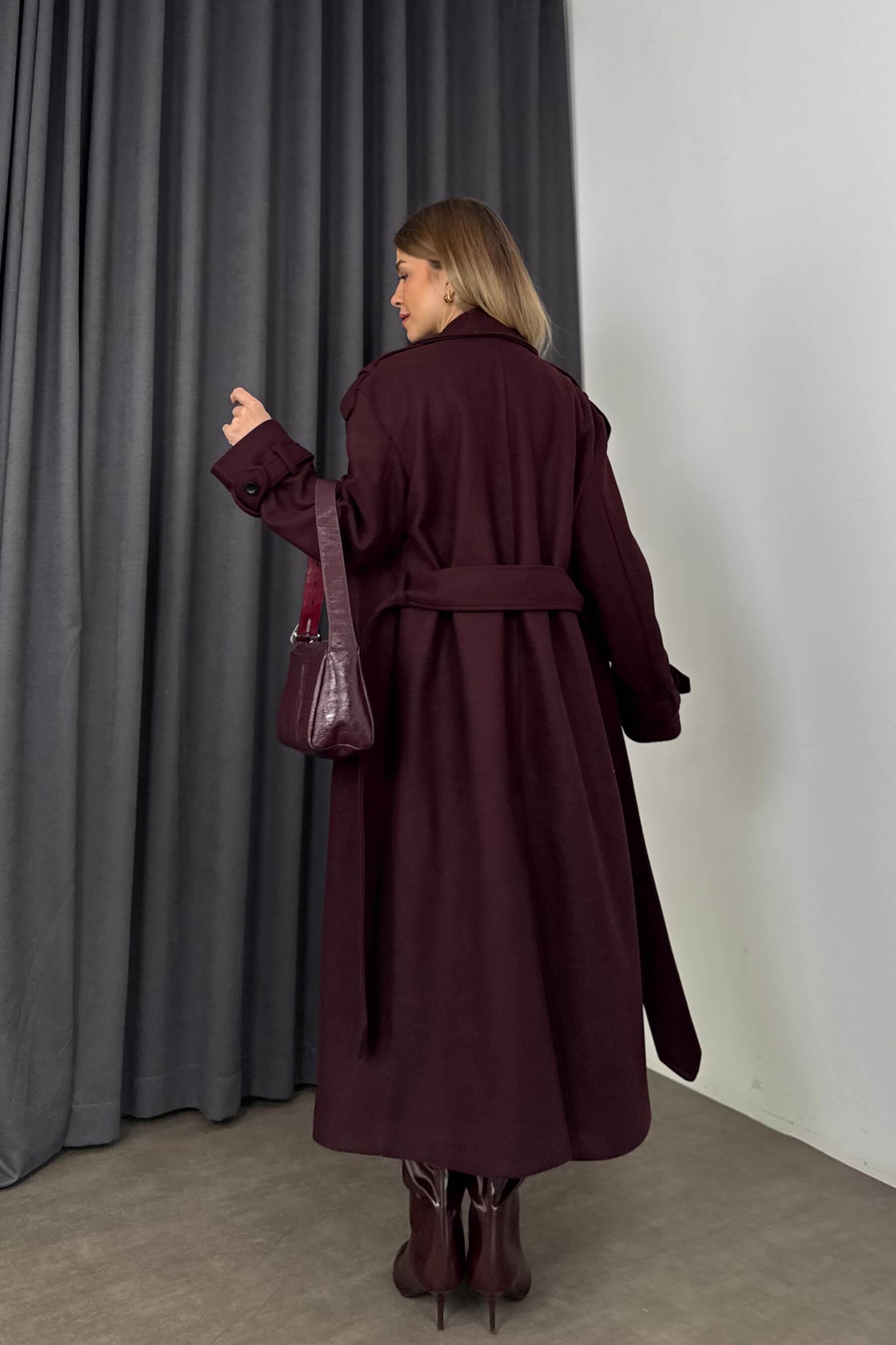 Bordo Önü Düğmeli Astarlı Oversize Kaşe Kaban