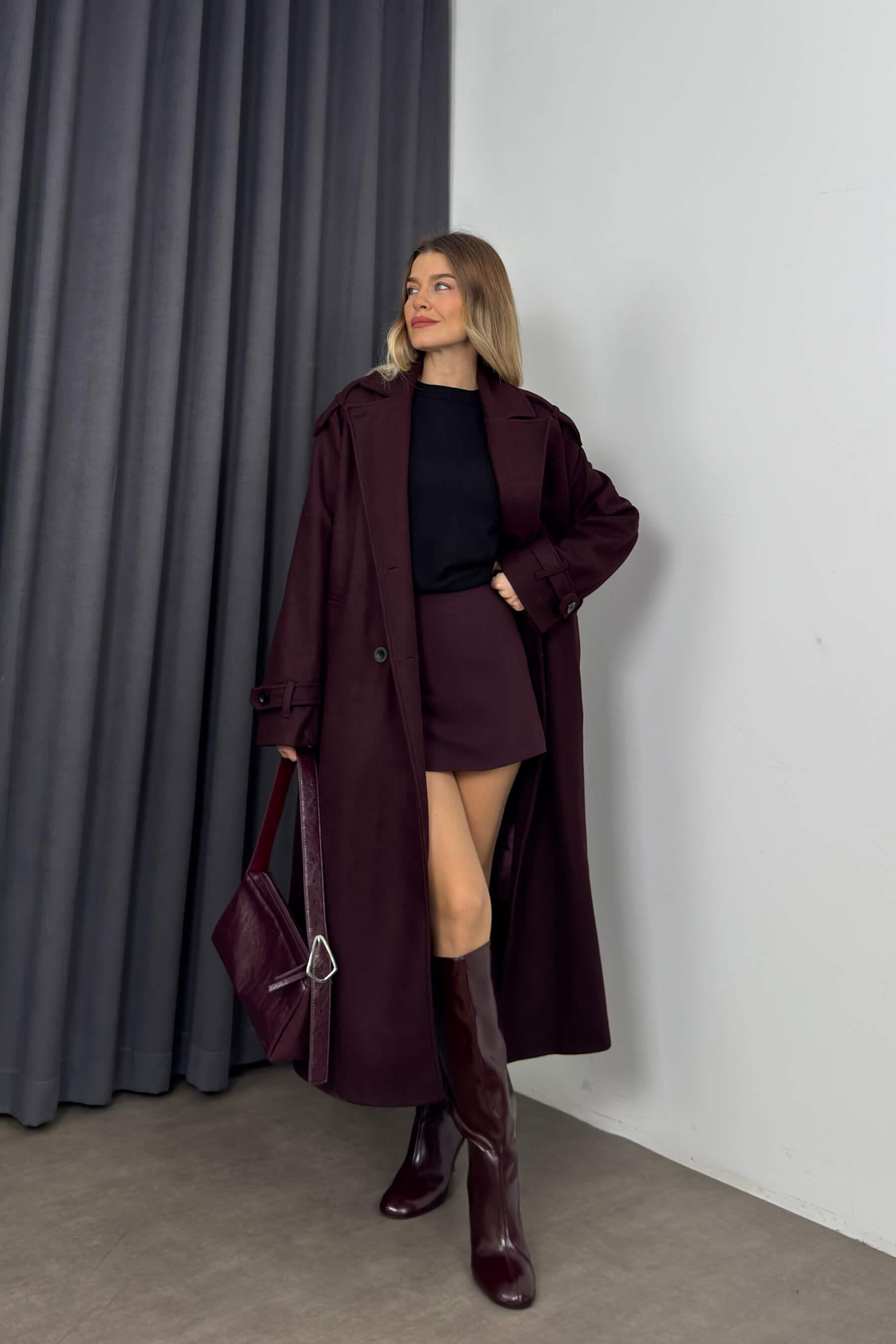 Bordo Önü Düğmeli Astarlı Oversize Kaşe Kaban