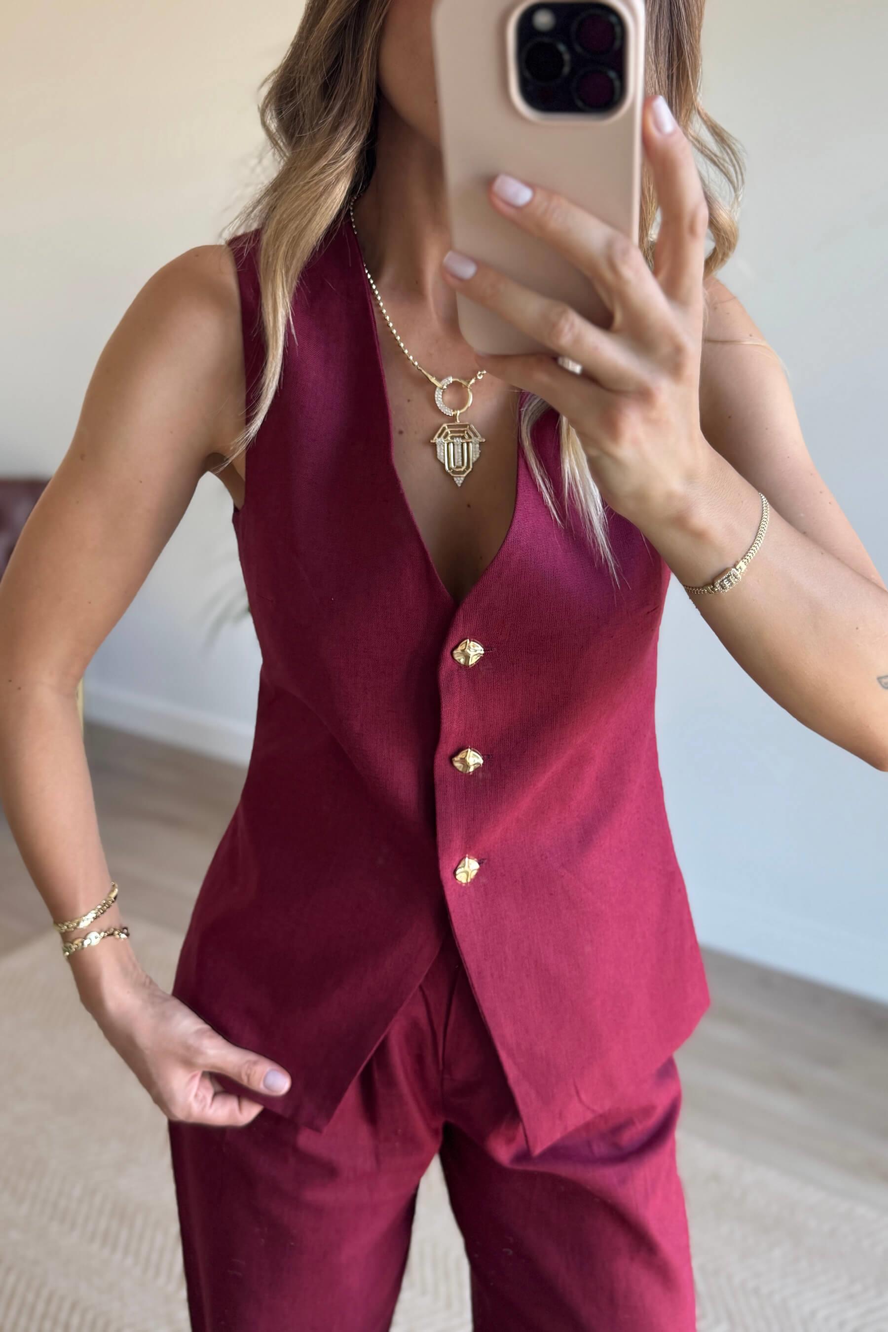 Bordo Önü Düğmeli Oversize Yelek Pantolon Keten Takım