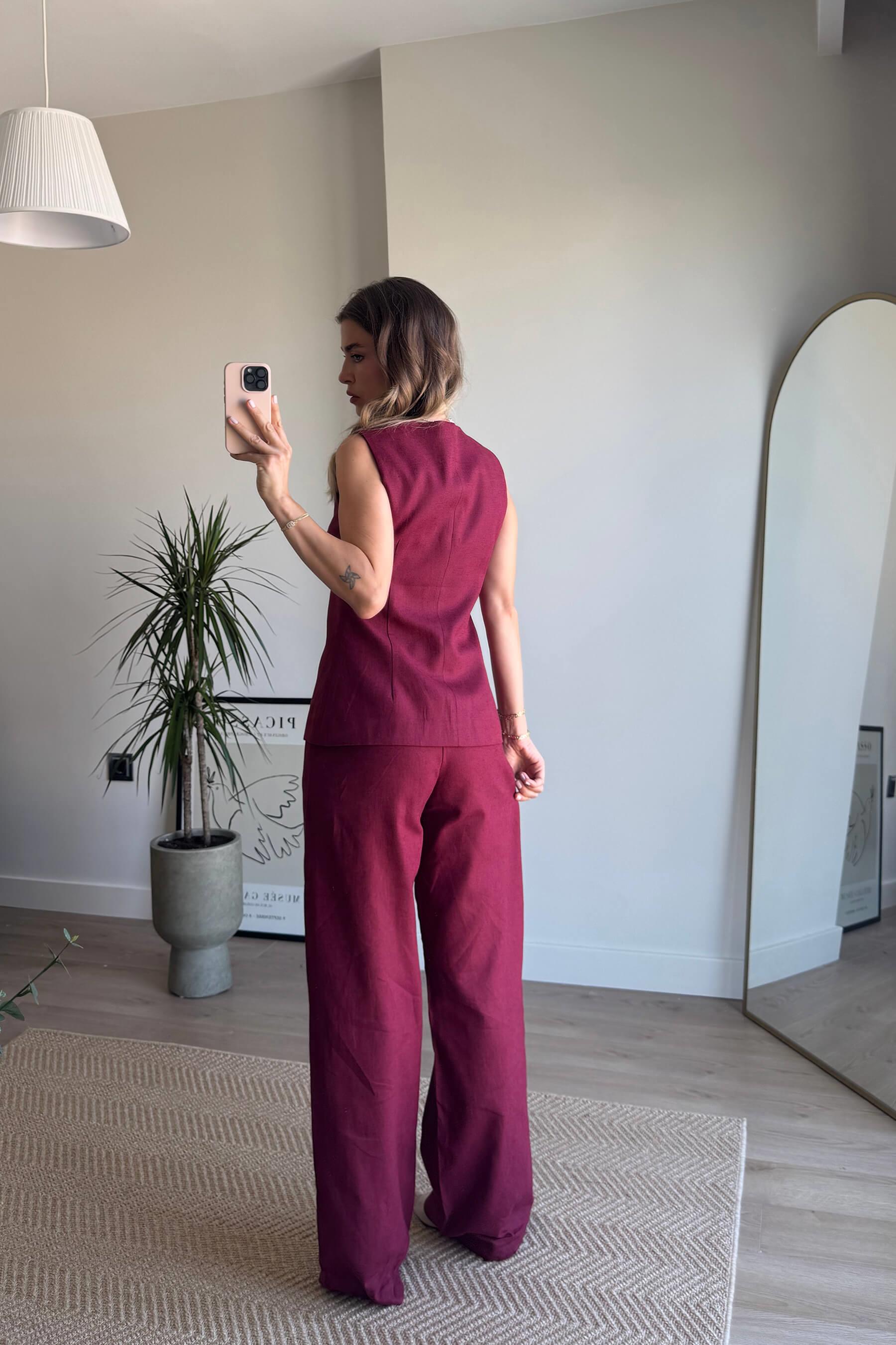 Bordo Önü Düğmeli Oversize Yelek Pantolon Keten Takım