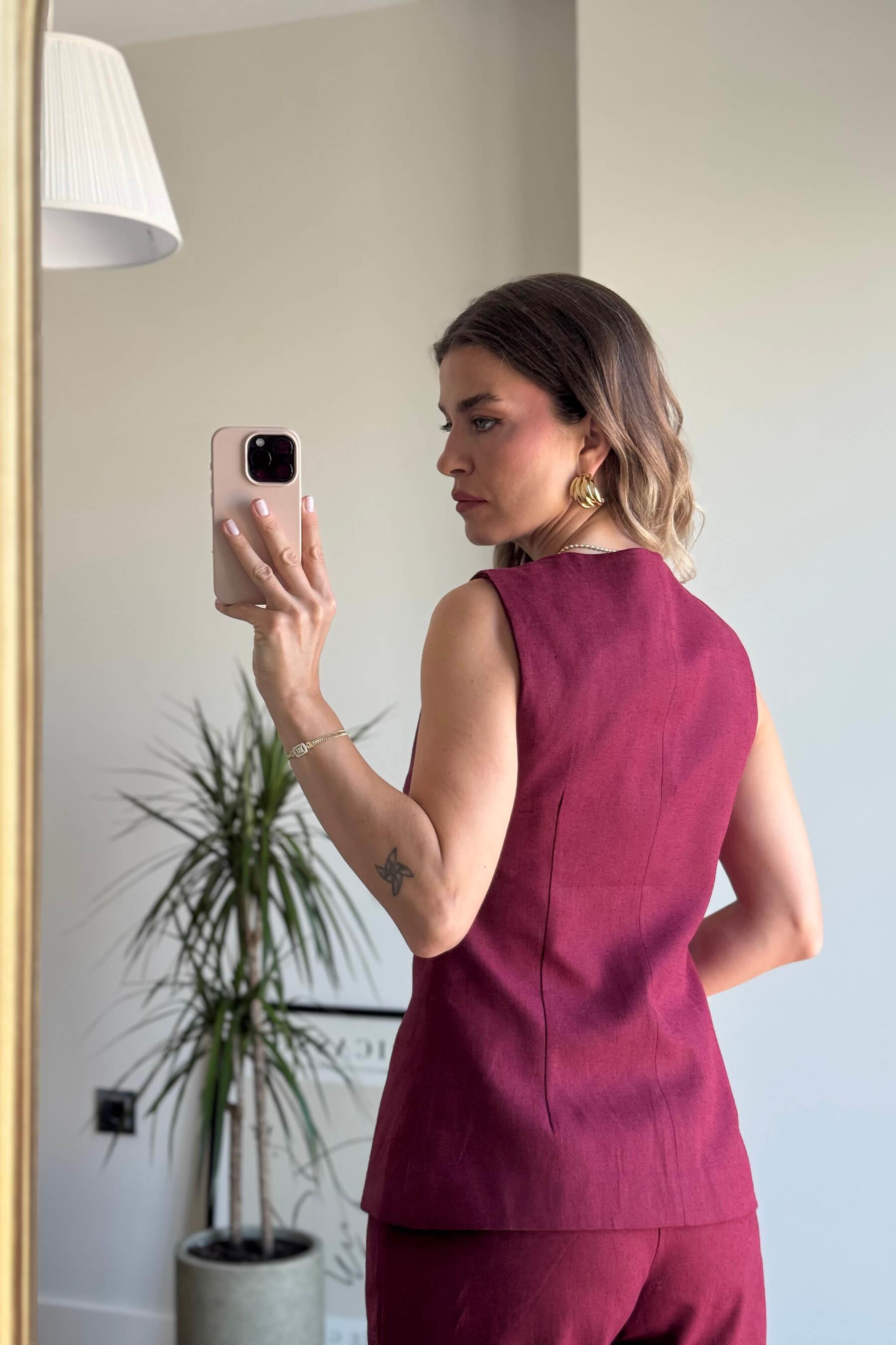 Bordo Önü Düğmeli Oversize Yelek Pantolon Keten Takım