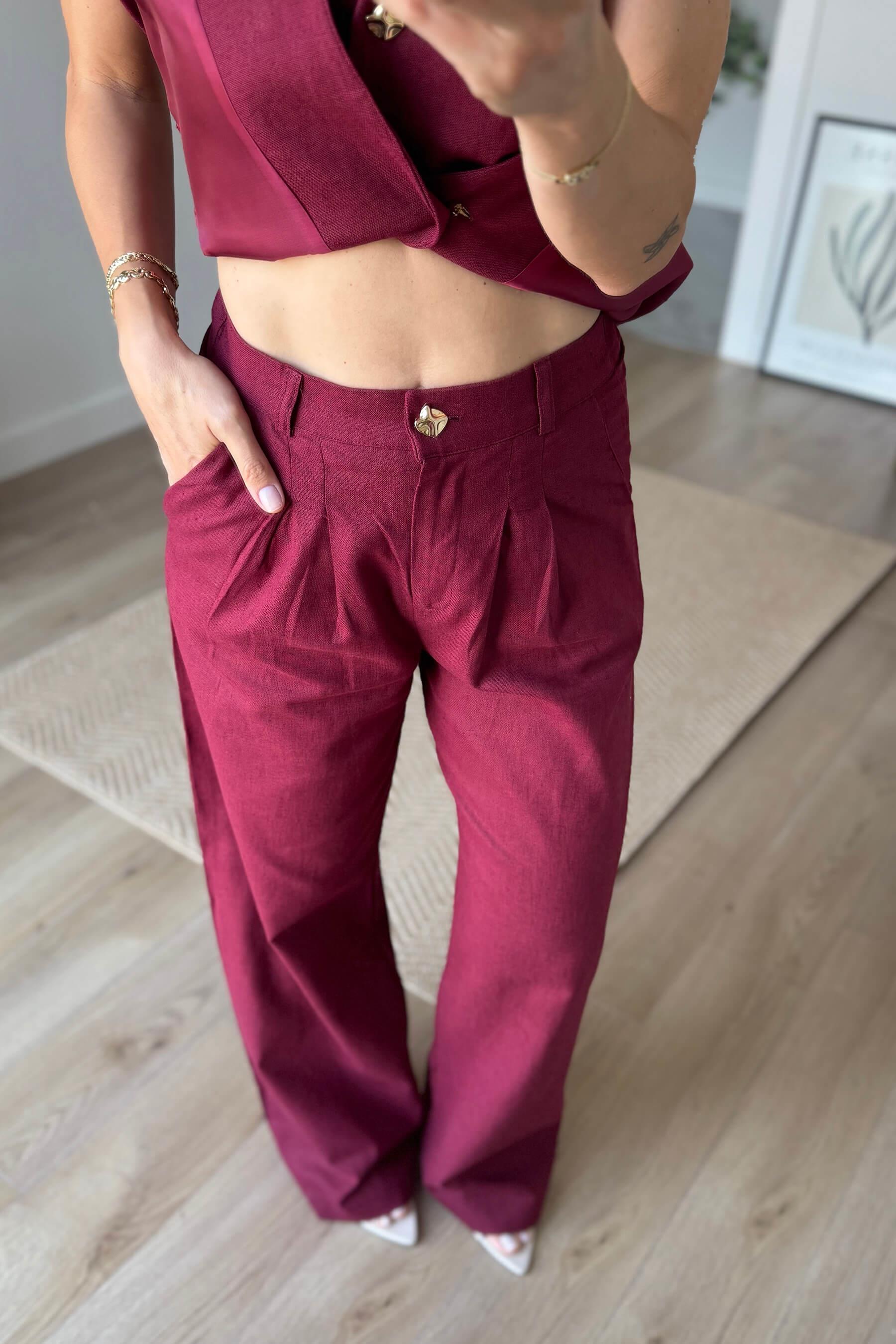 Bordo Önü Düğmeli Oversize Yelek Pantolon Keten Takım