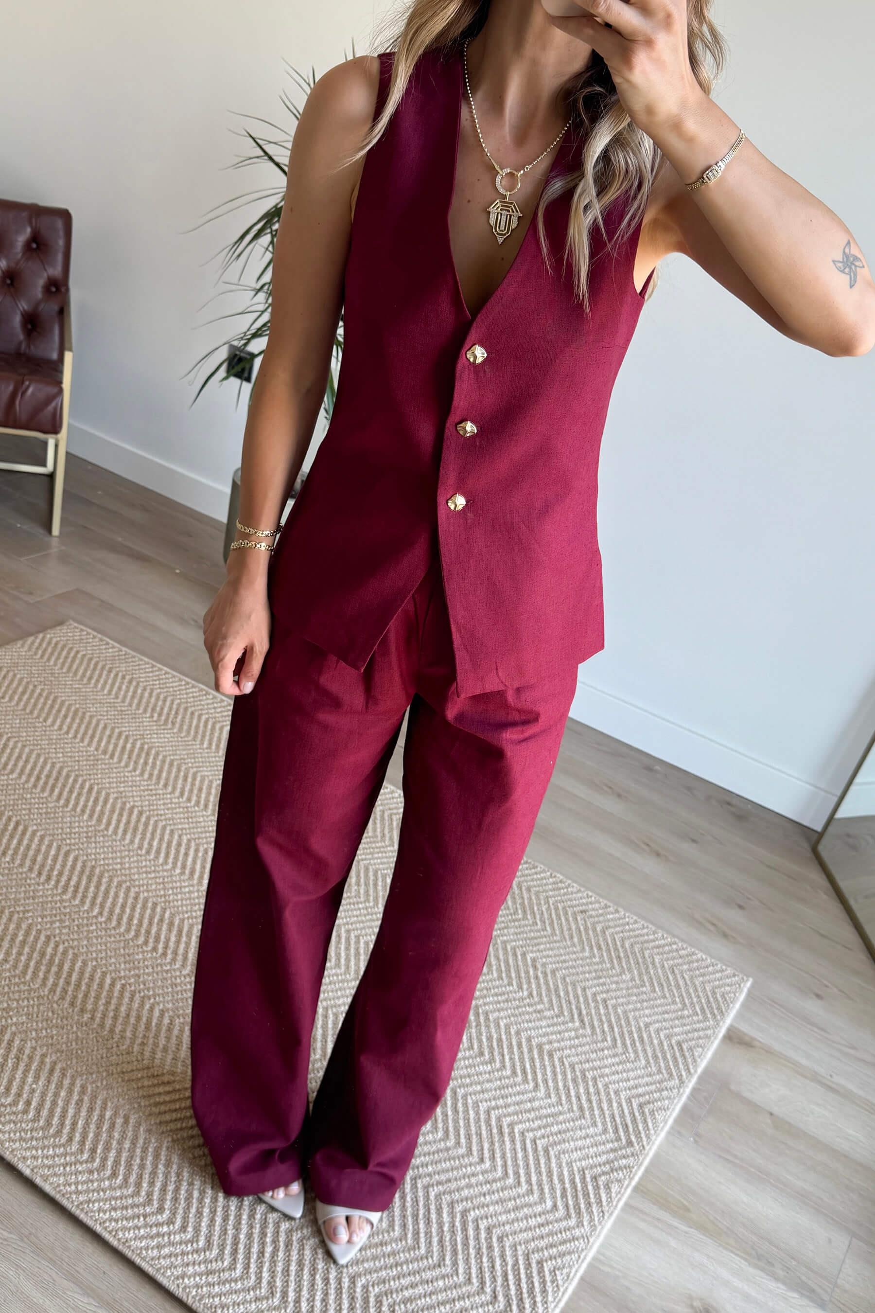 Bordo Önü Düğmeli Oversize Yelek Pantolon Keten Takım