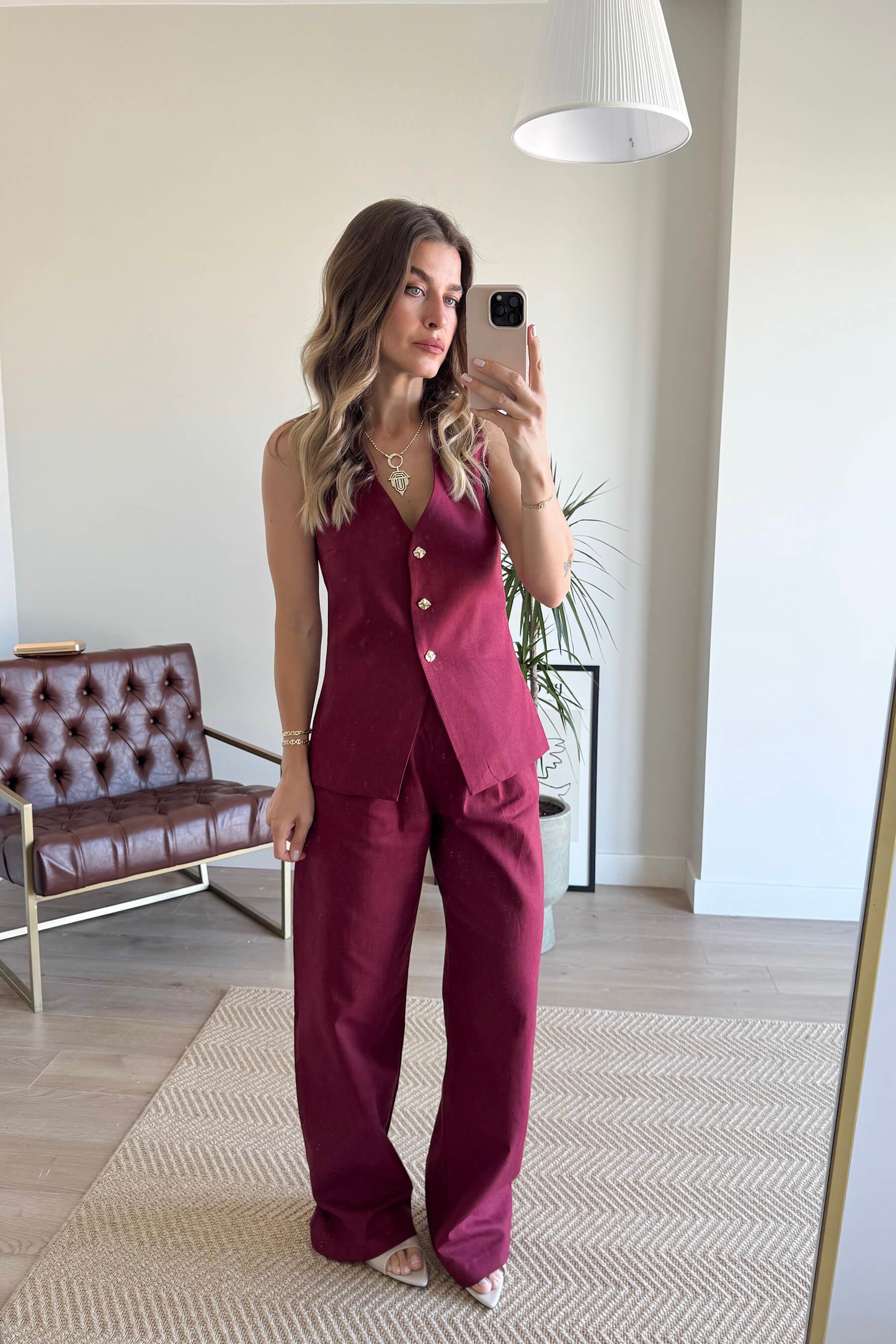 Bordo Önü Düğmeli Oversize Yelek Pantolon Keten Takım