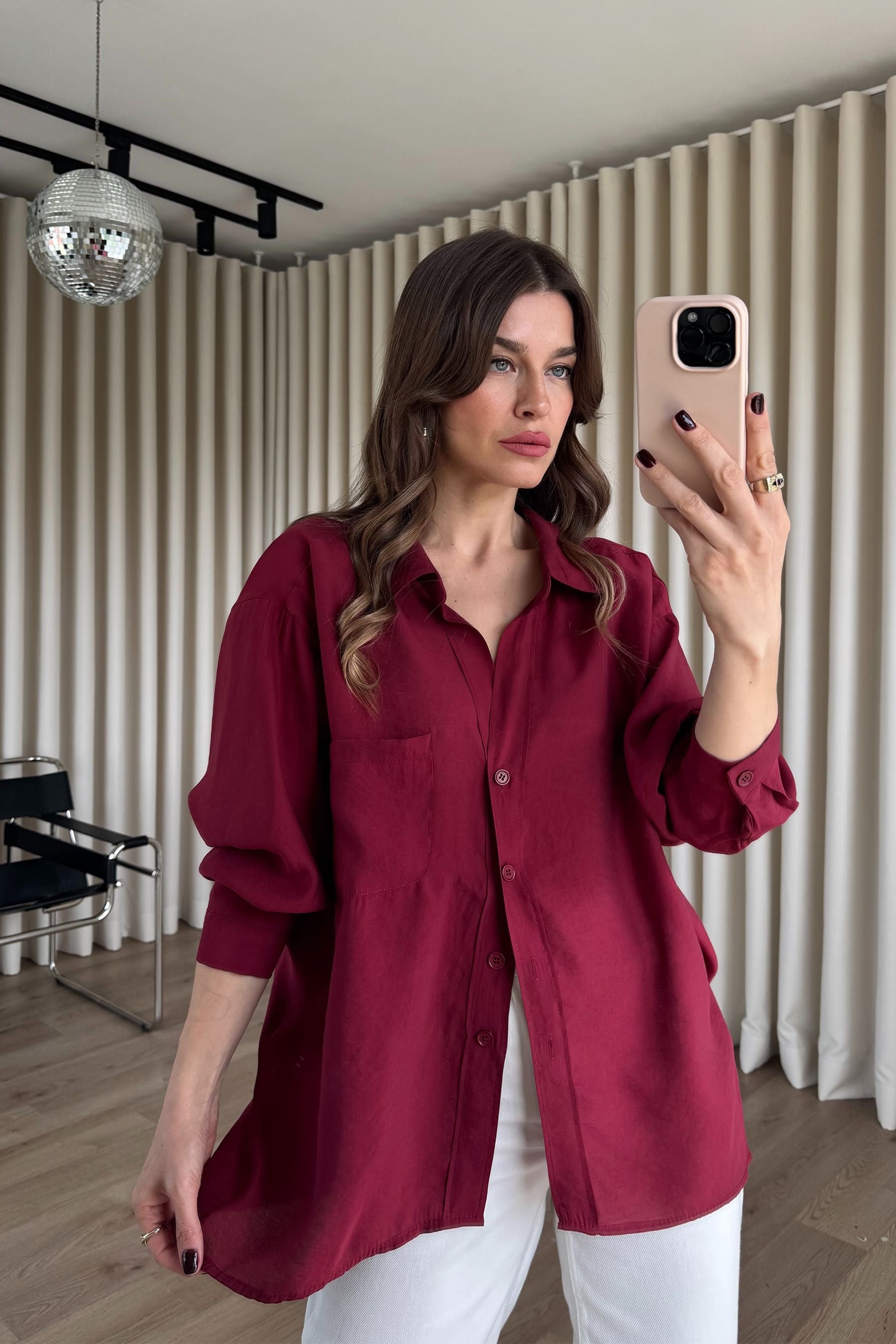 Bordo Oversize Modal Kumaş Gömlek