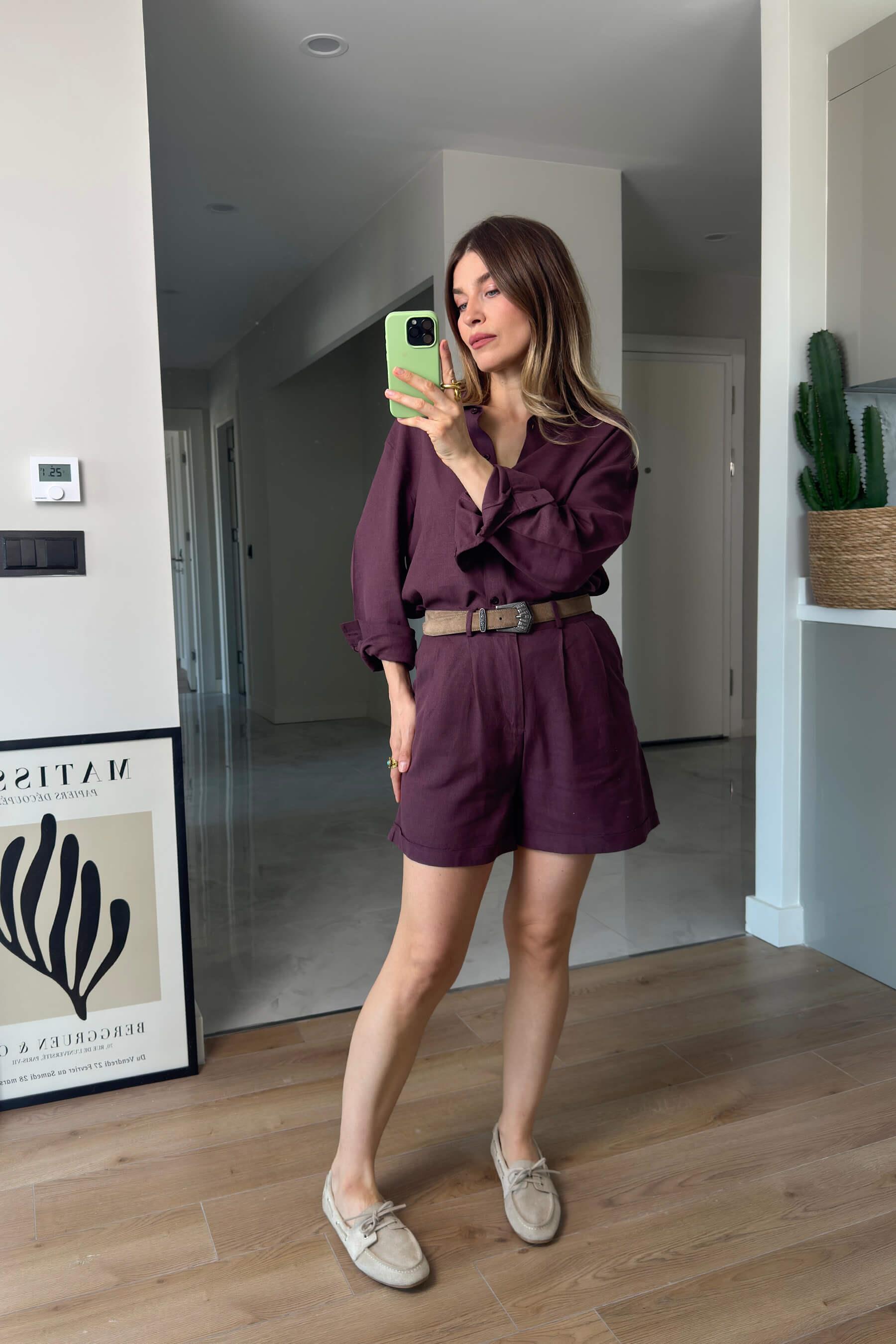 Bordo Premium Kuşaklı Keten Şort