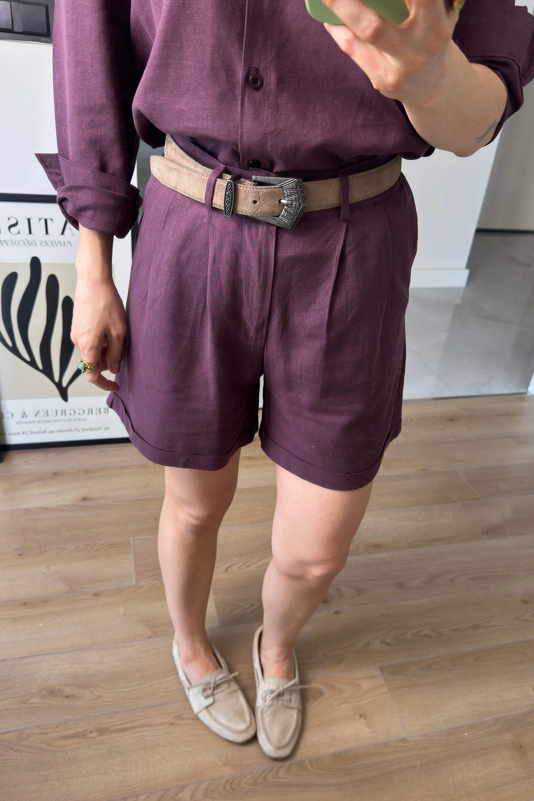 Bordo Premium Kuşaklı Keten Şort