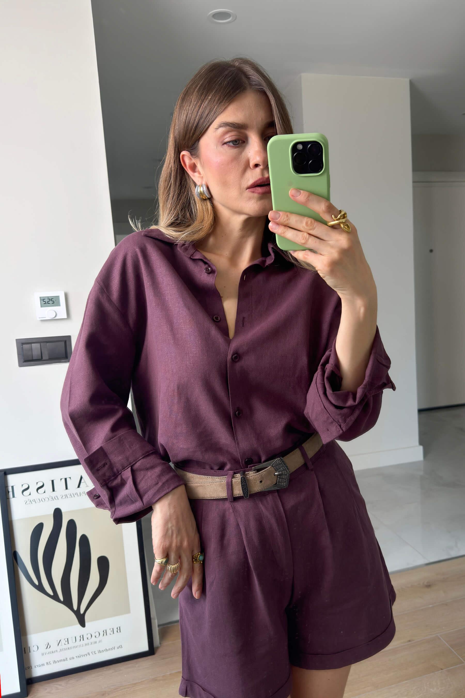 Bordo Premium Kuşaklı Keten Şort