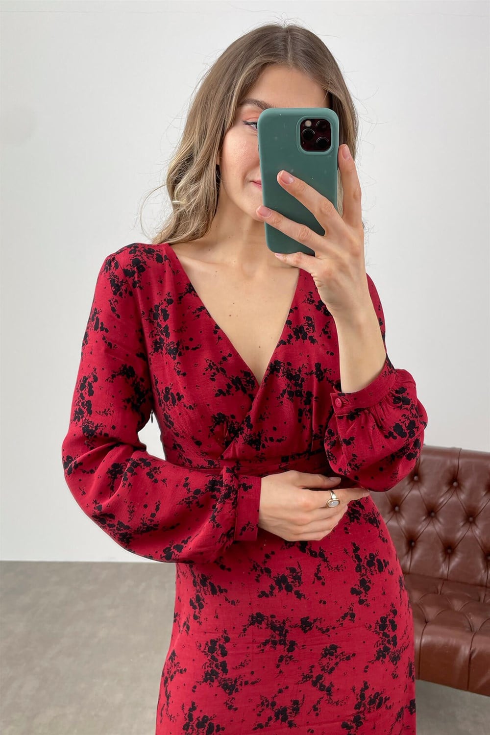 Bordo Siyah Kruvaze Yaka Elbise