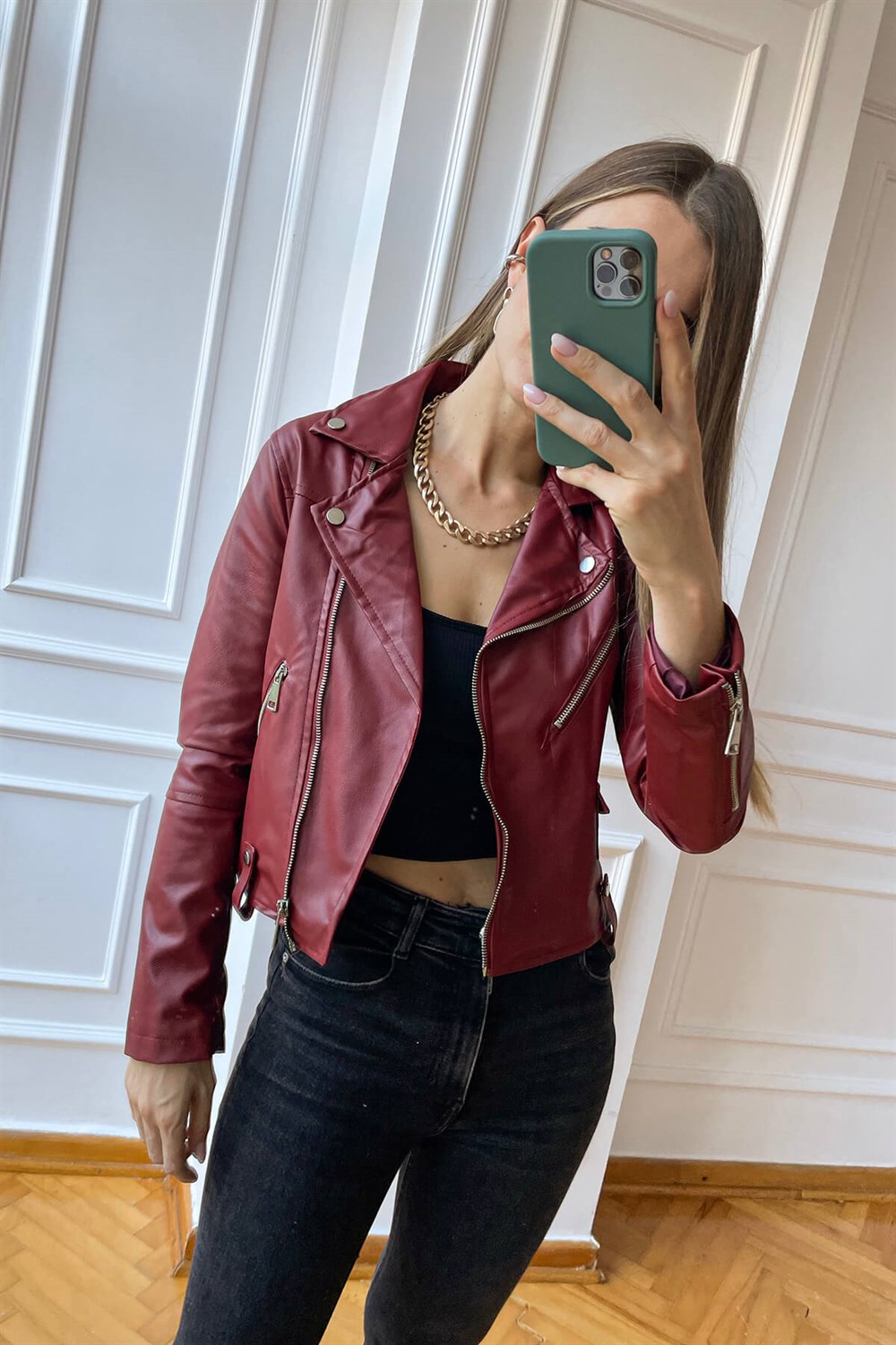 Bordo Suni Deri Biker Ceket