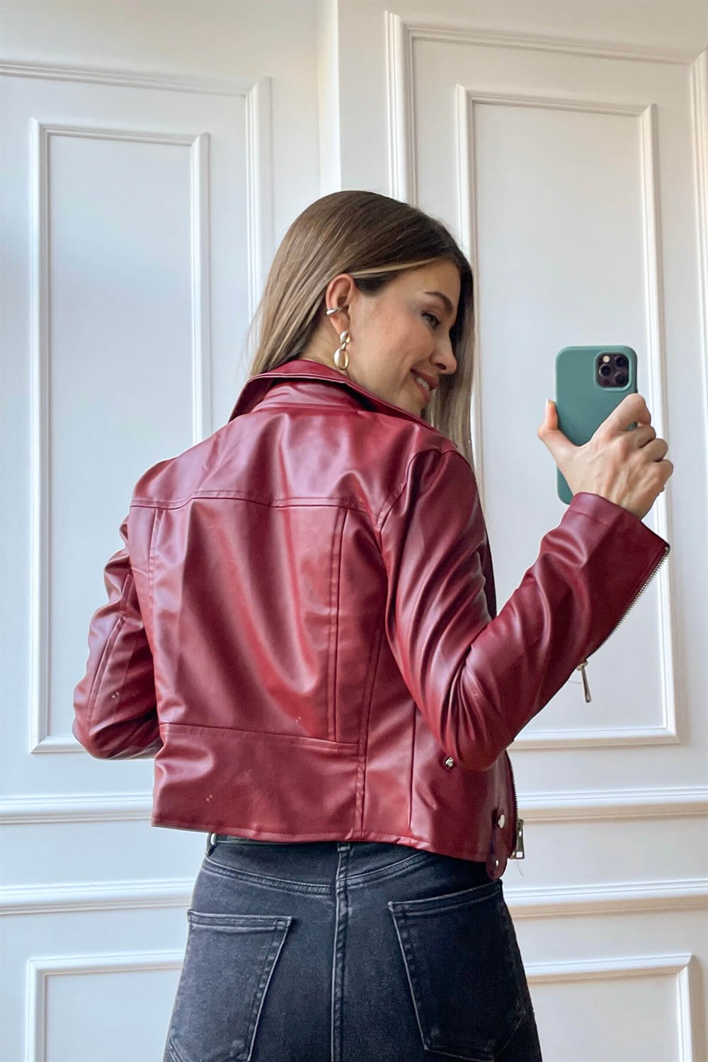 Bordo Suni Deri Biker Ceket