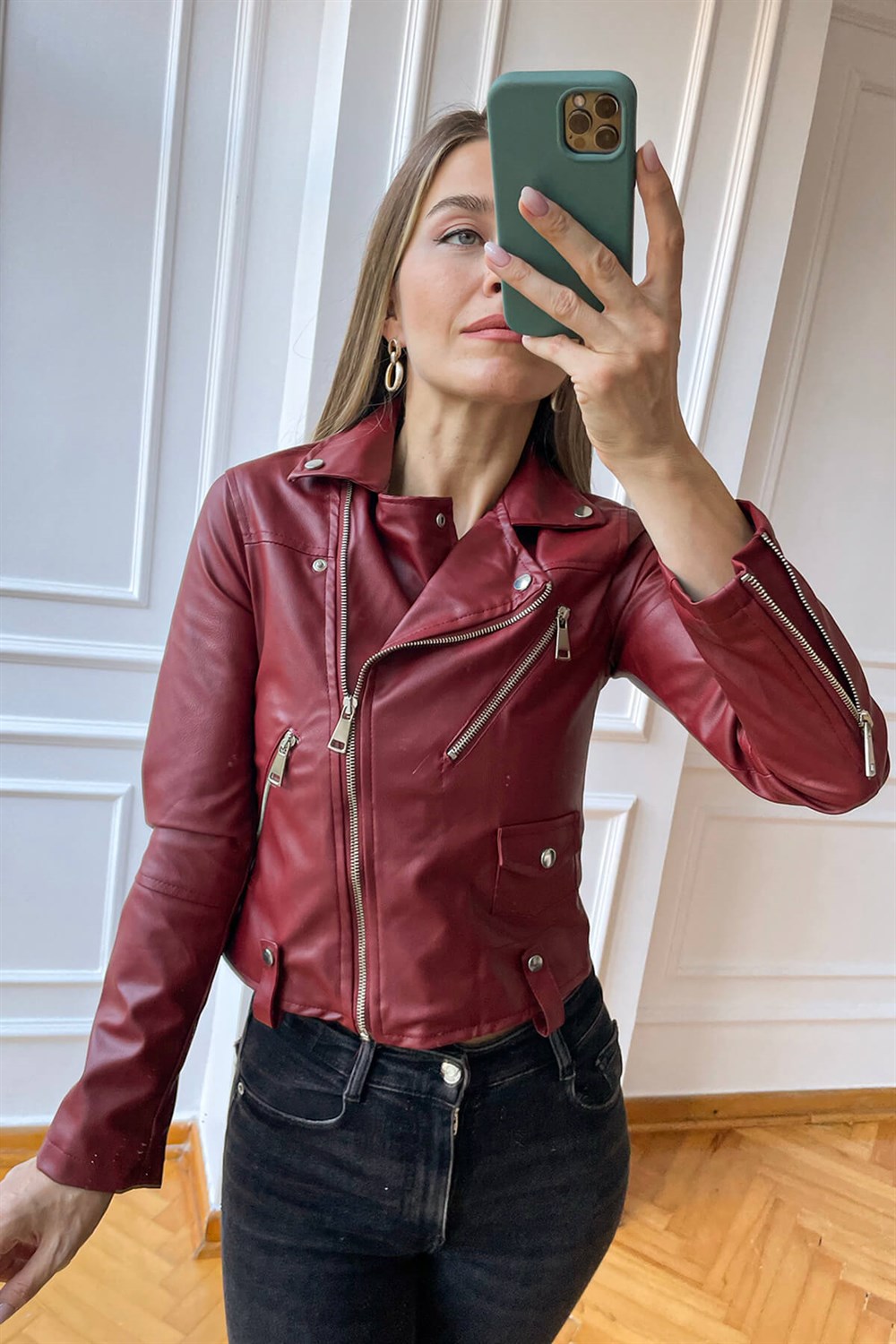 Bordo Suni Deri Biker Ceket