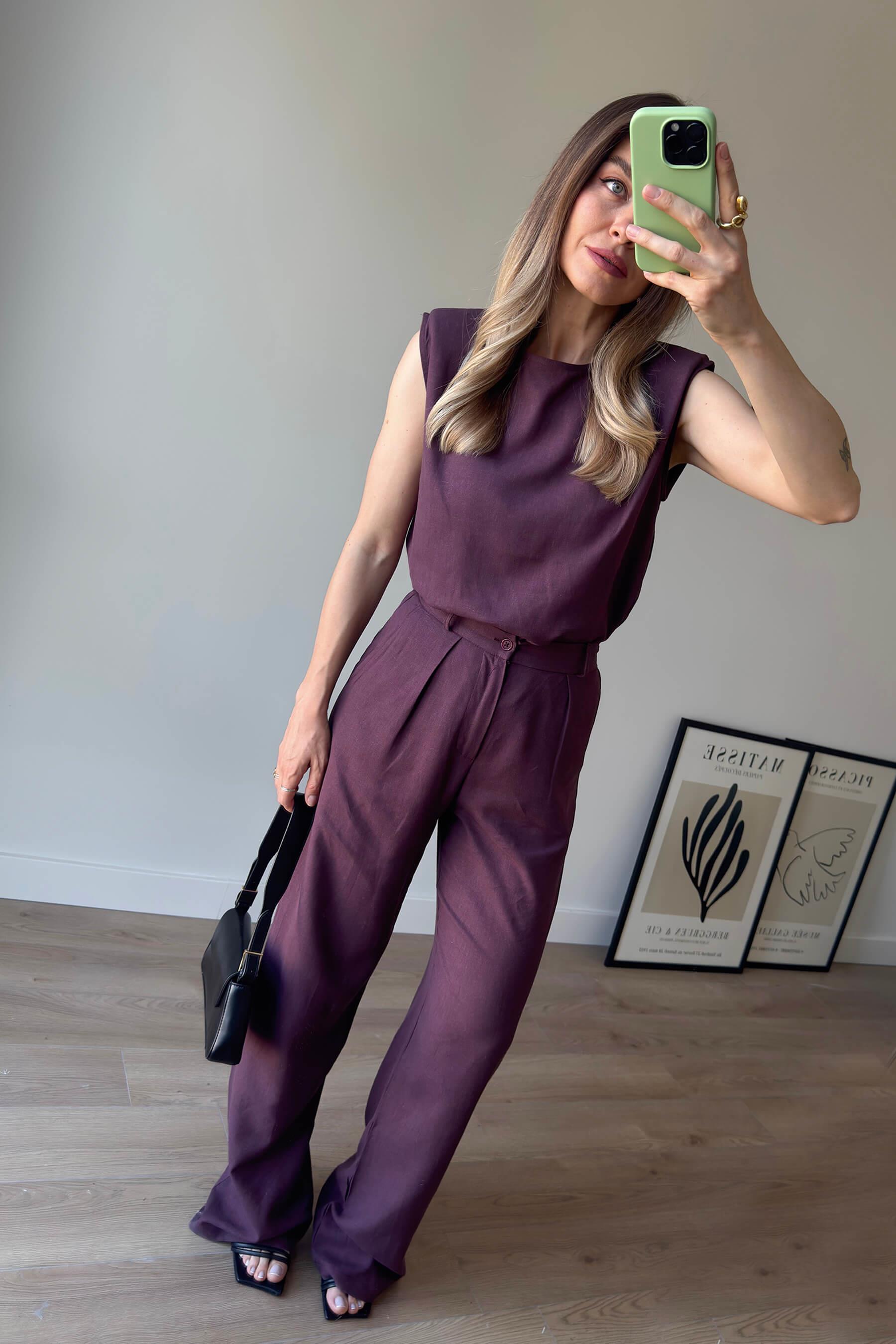 Bordo Vatkalı Kolsuz Keten Bluz Pantolon Takım