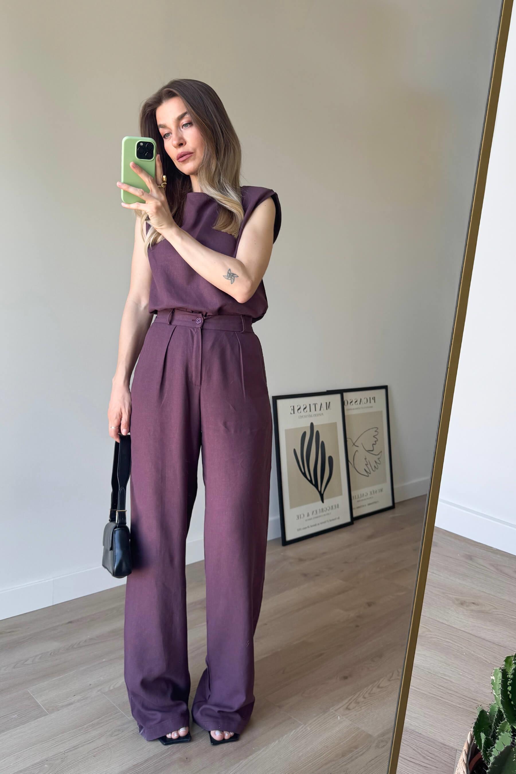 Bordo Vatkalı Kolsuz Keten Bluz Pantolon Takım