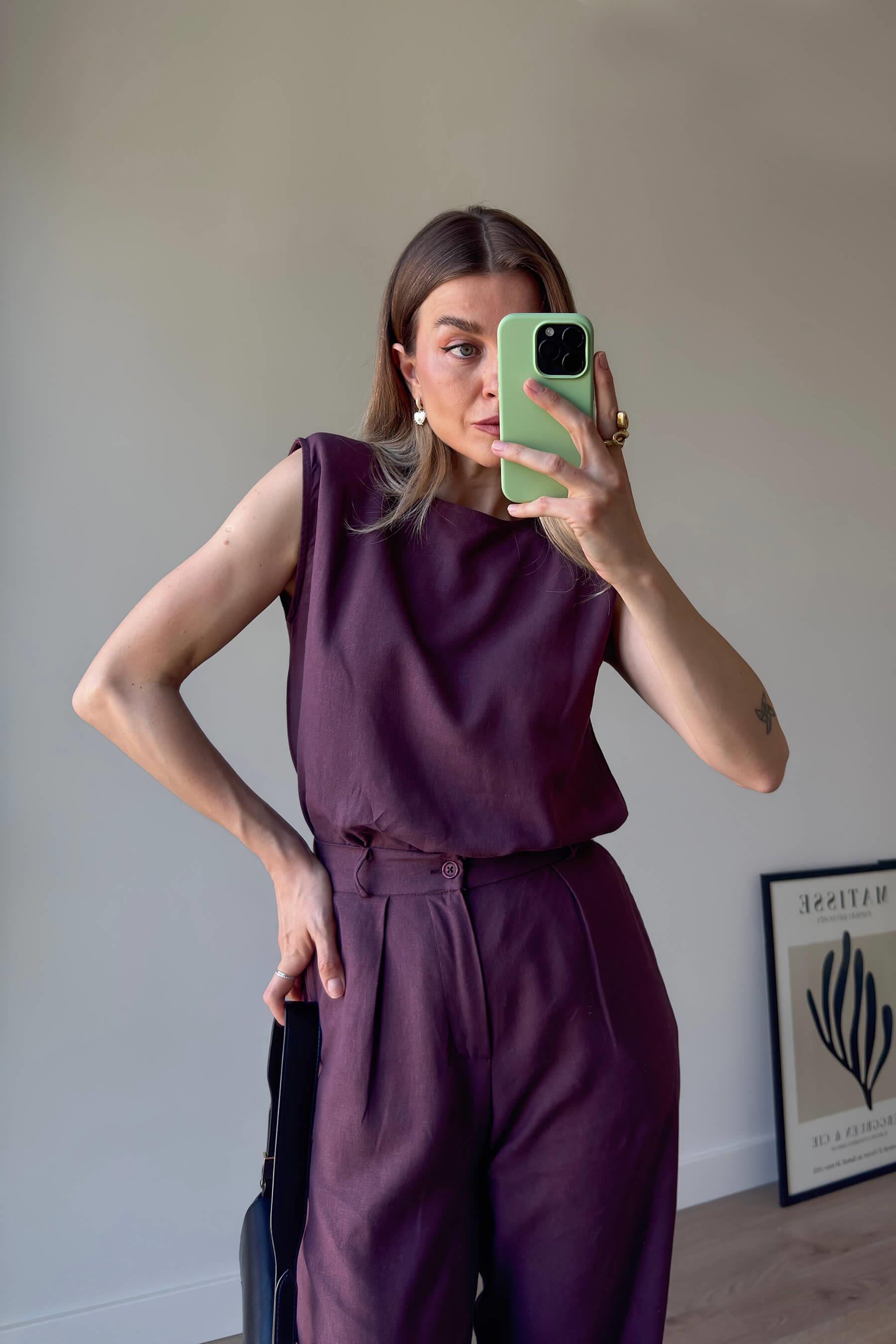 Bordo Vatkalı Kolsuz Keten Bluz Pantolon Takım