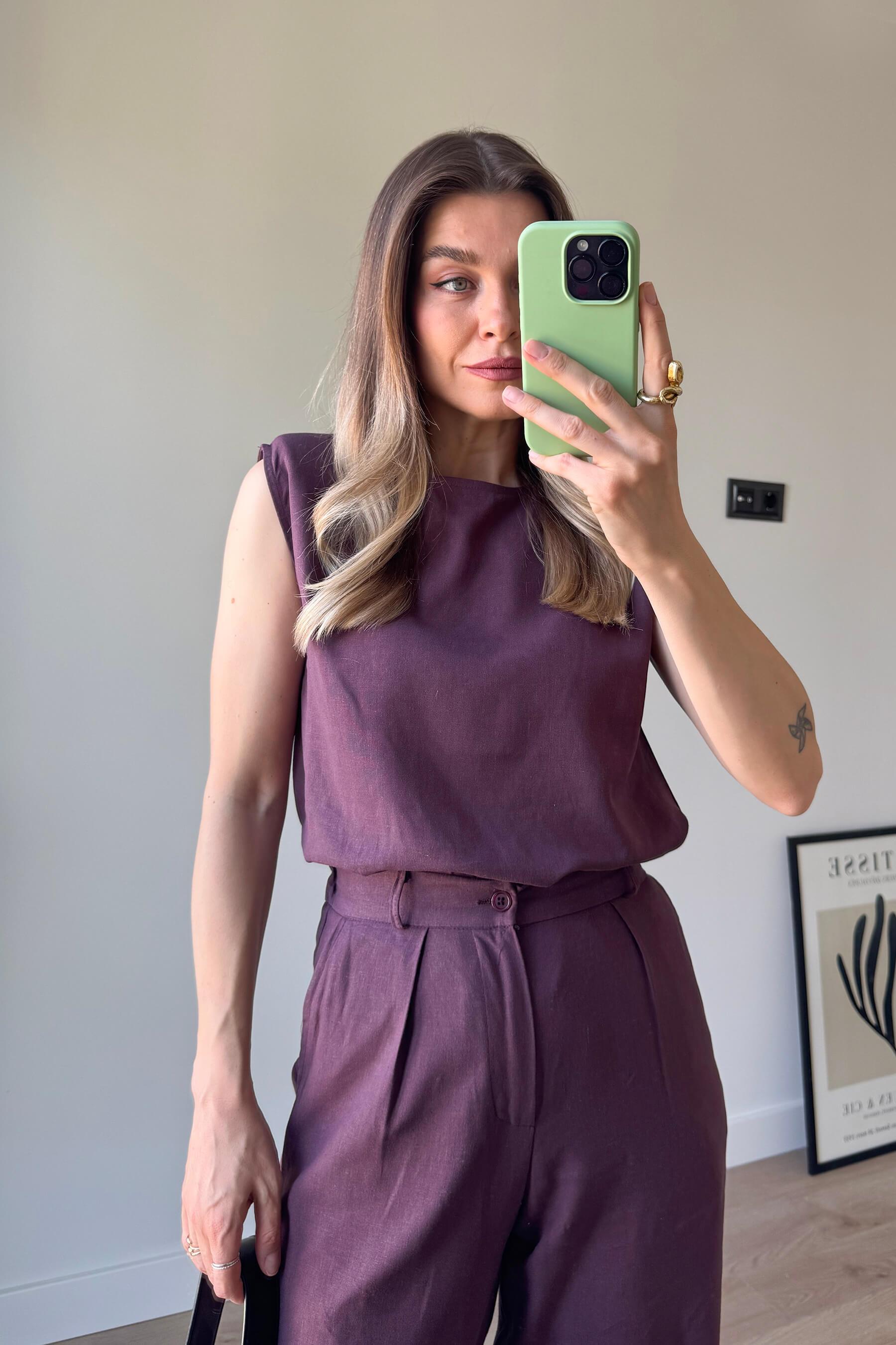Bordo Vatkalı Kolsuz Keten Bluz Pantolon Takım