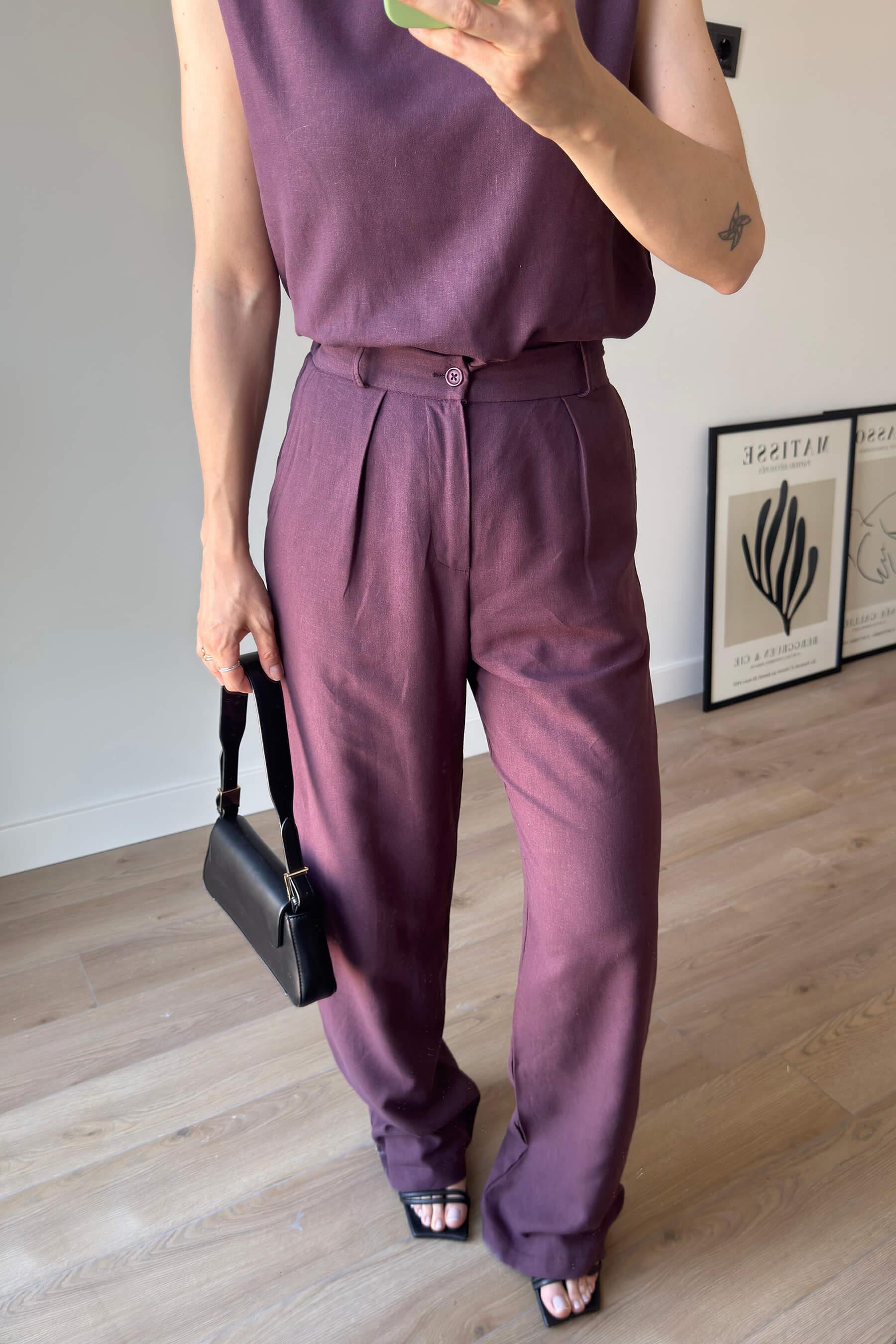 Bordo Vatkalı Kolsuz Keten Bluz Pantolon Takım
