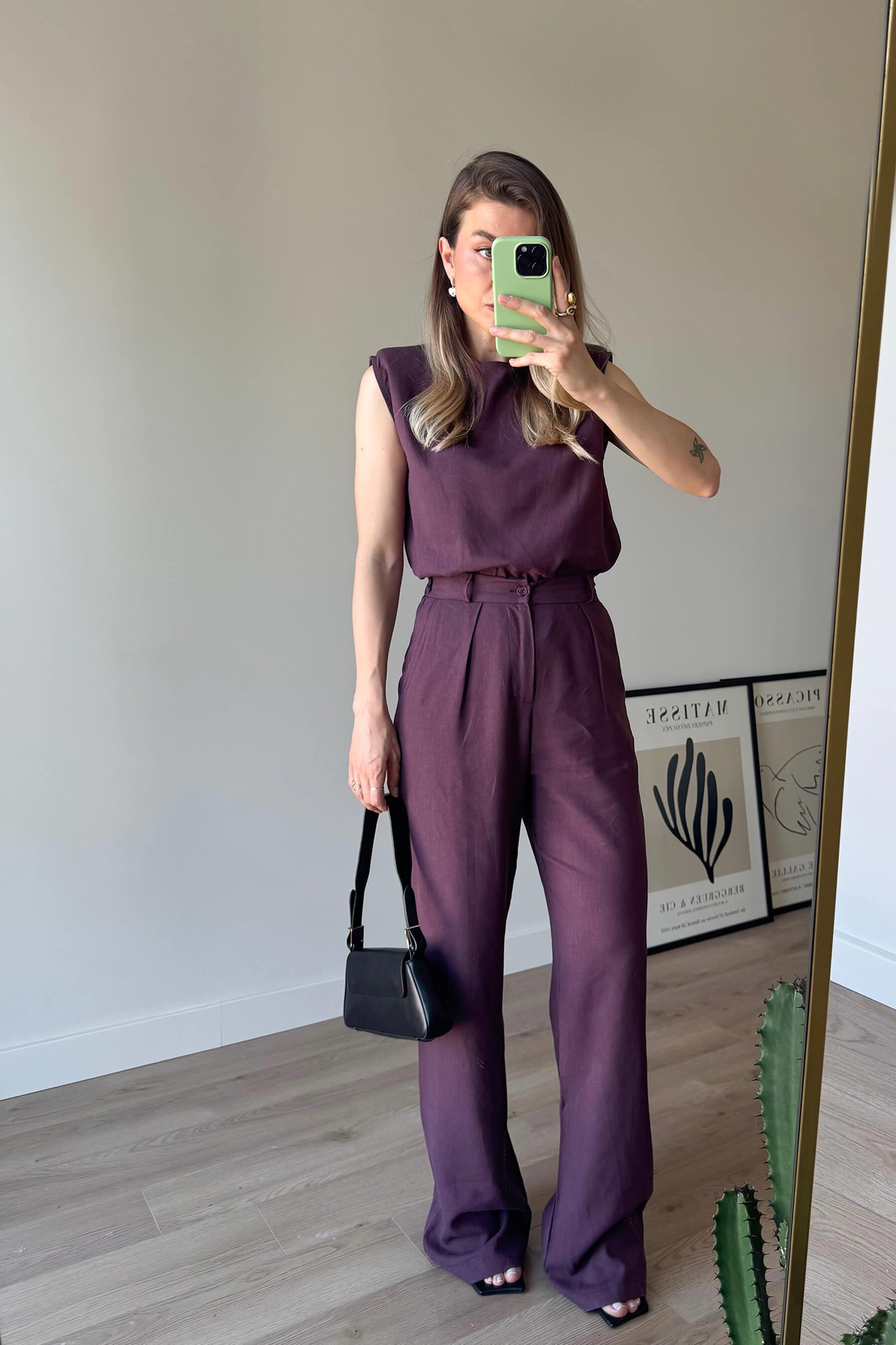 Bordo Vatkalı Kolsuz Keten Bluz Pantolon Takım