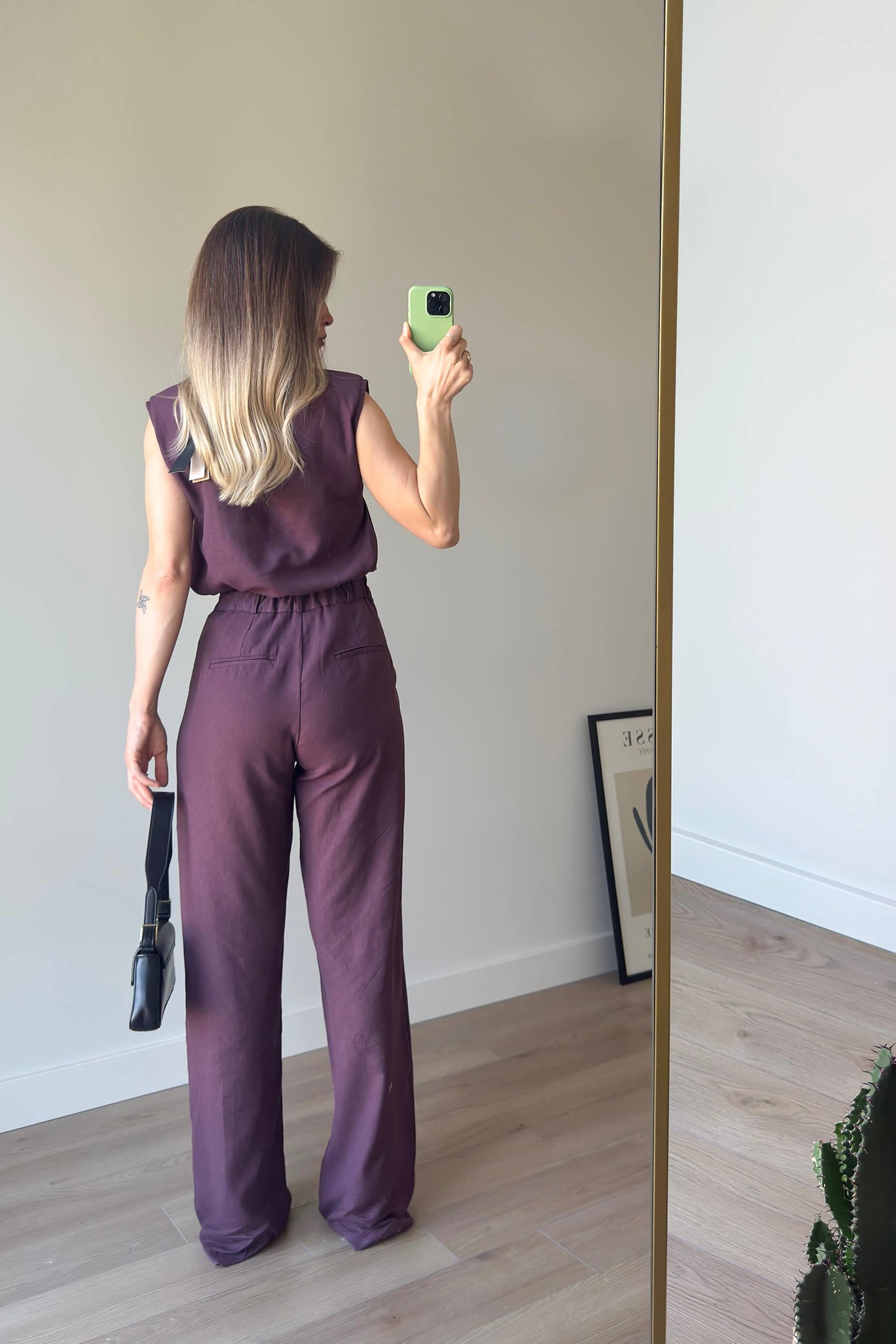 Bordo Vatkalı Kolsuz Keten Bluz Pantolon Takım