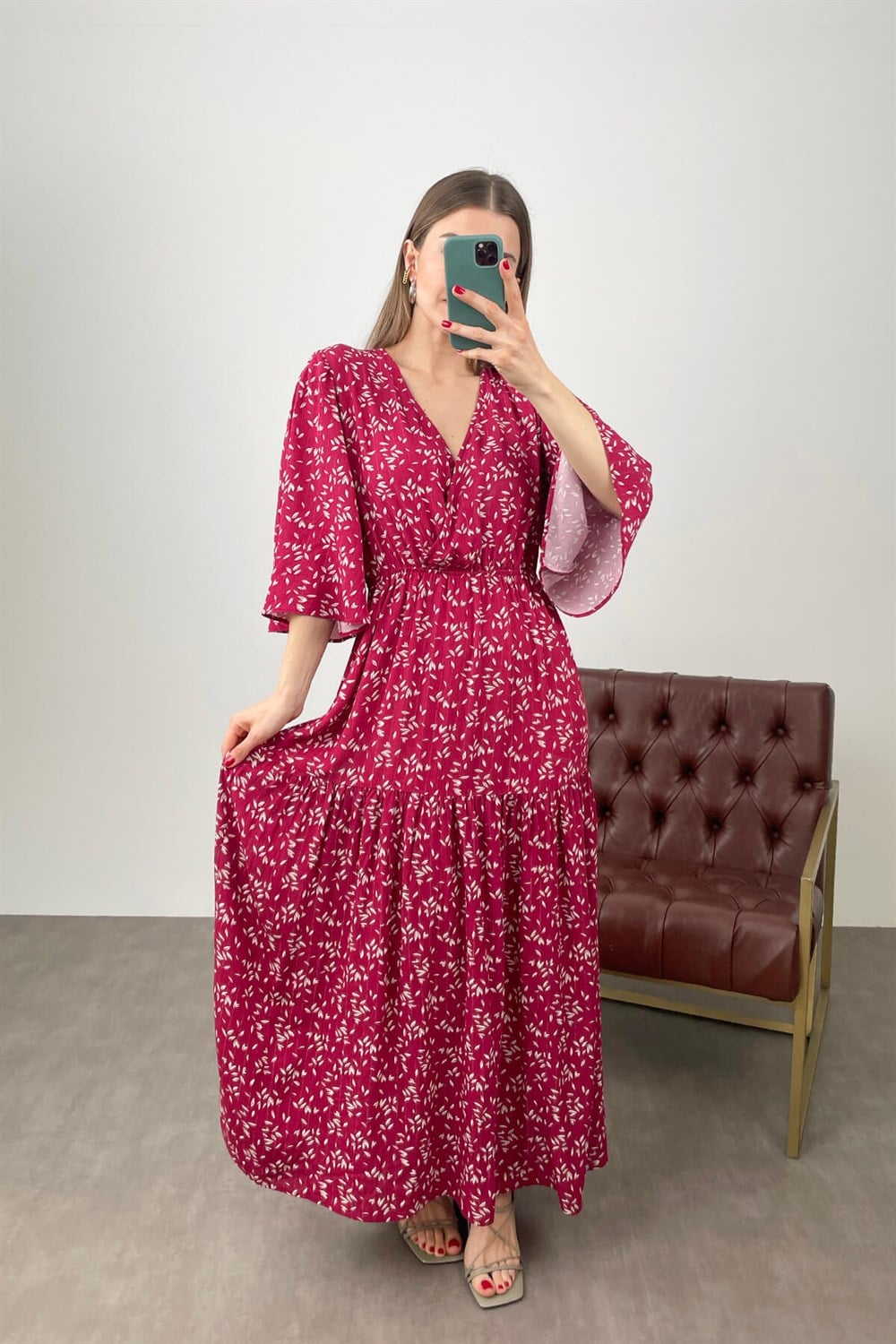 Bordo Yaprak Desenli Kruvaze Maksi Elbise
