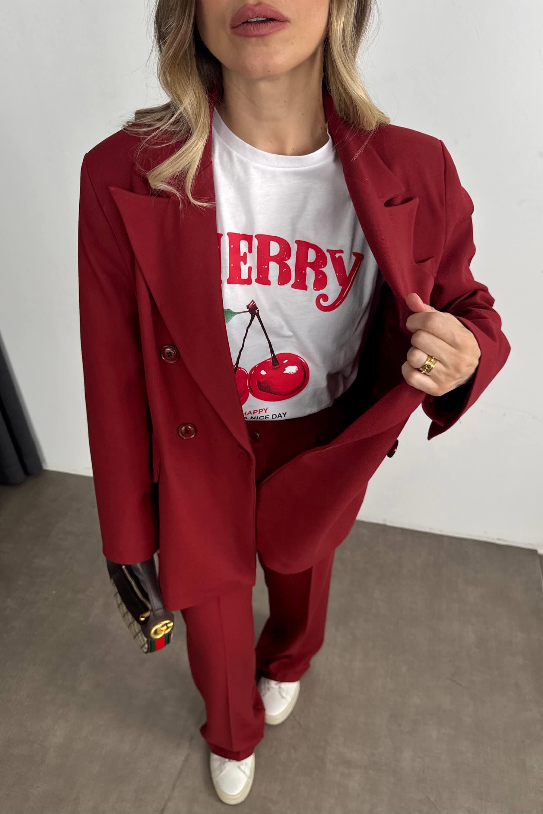 Bordo Yüksek Bel Pantolon Ceket Oversize Takım