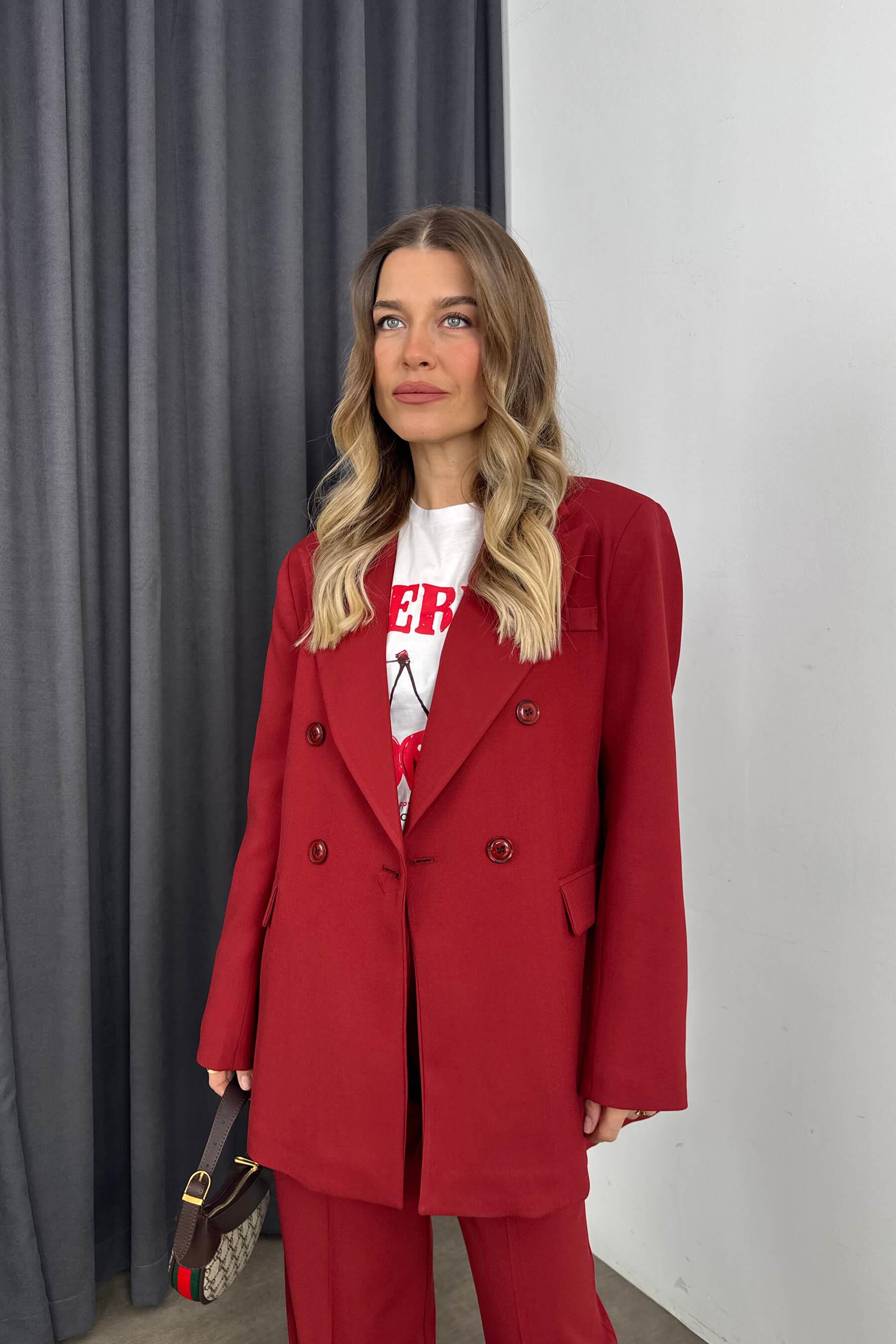 Bordo Yüksek Bel Pantolon Ceket Oversize Takım