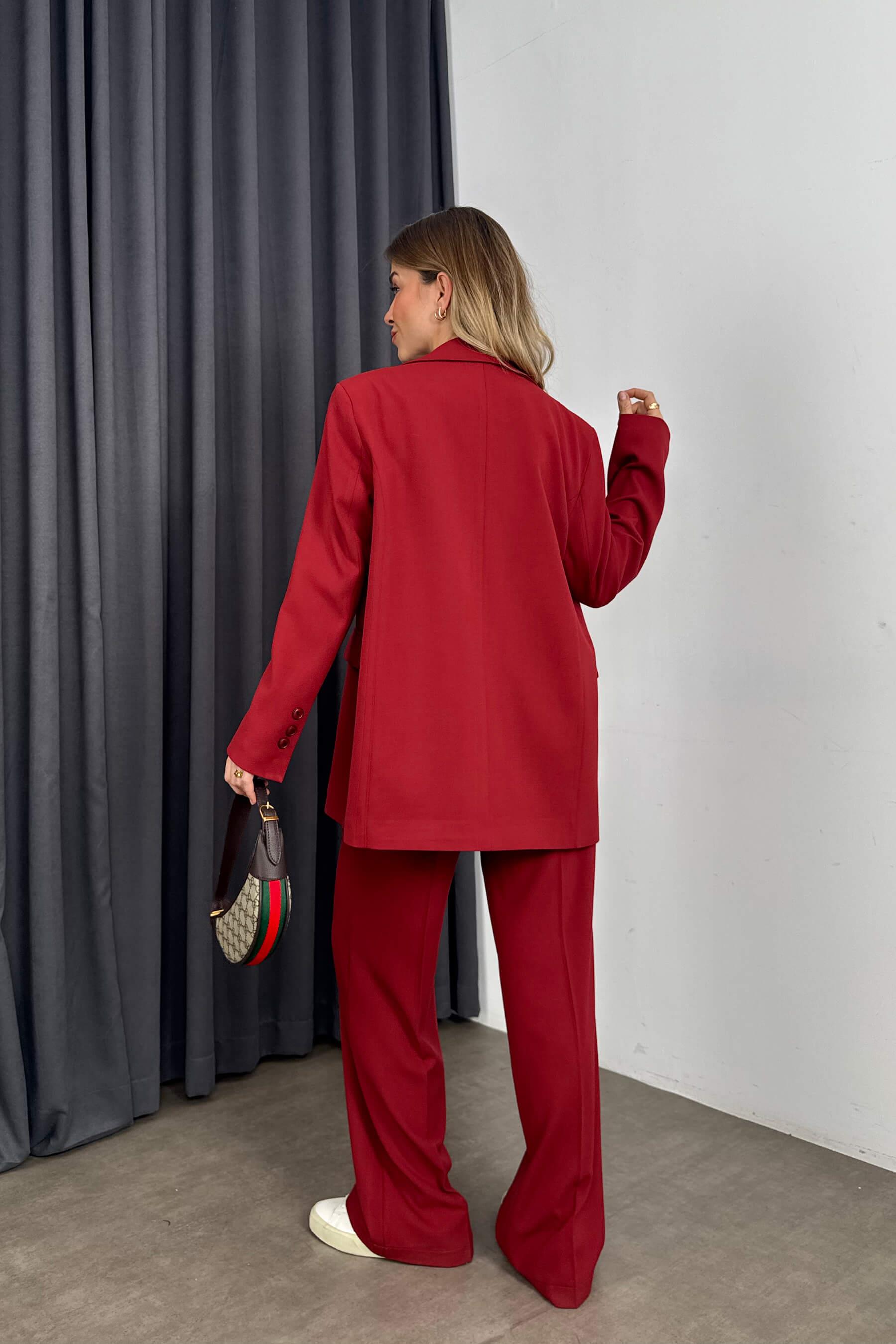 Bordo Yüksek Bel Pantolon Ceket Oversize Takım