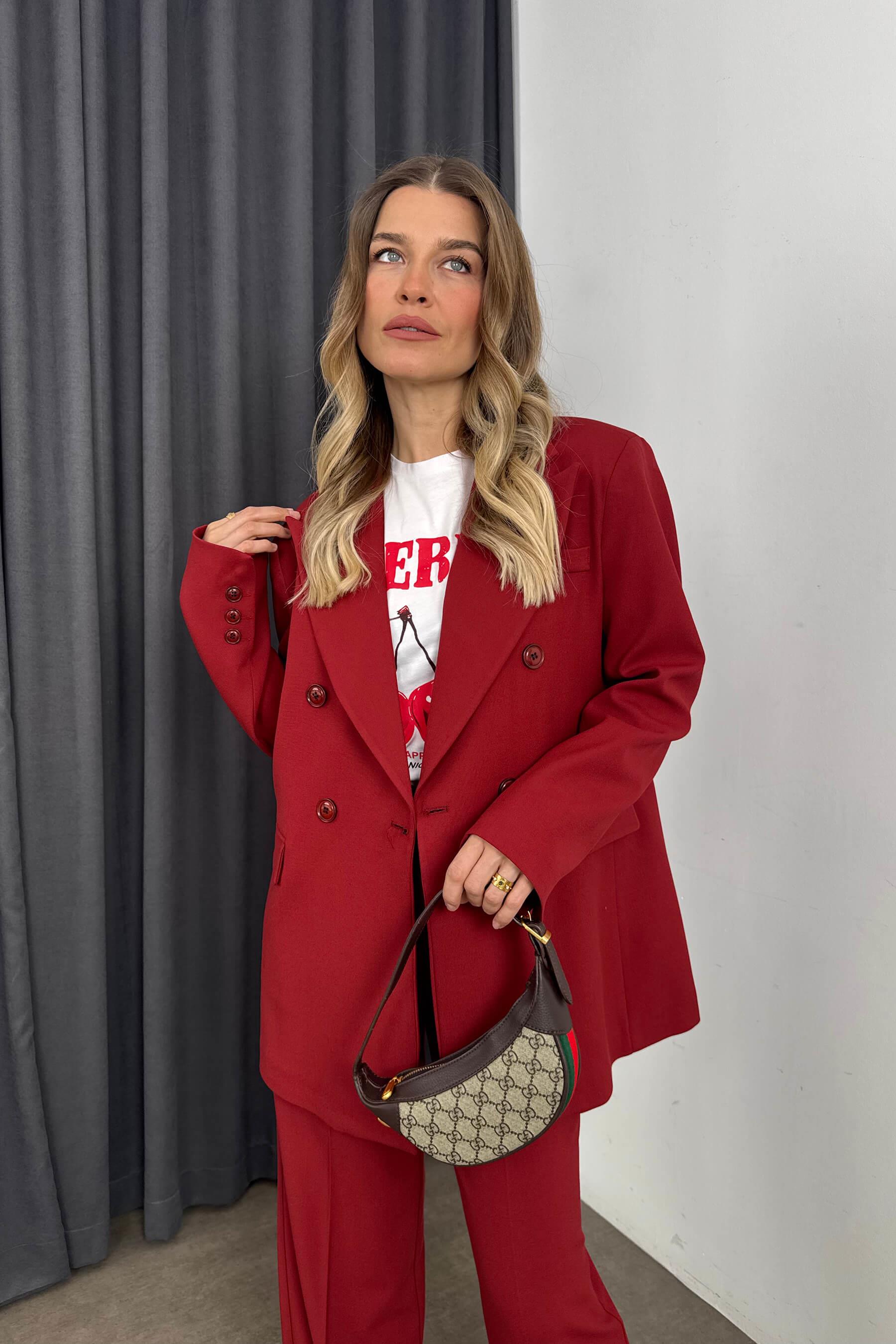 Bordo Yüksek Bel Pantolon Ceket Oversize Takım