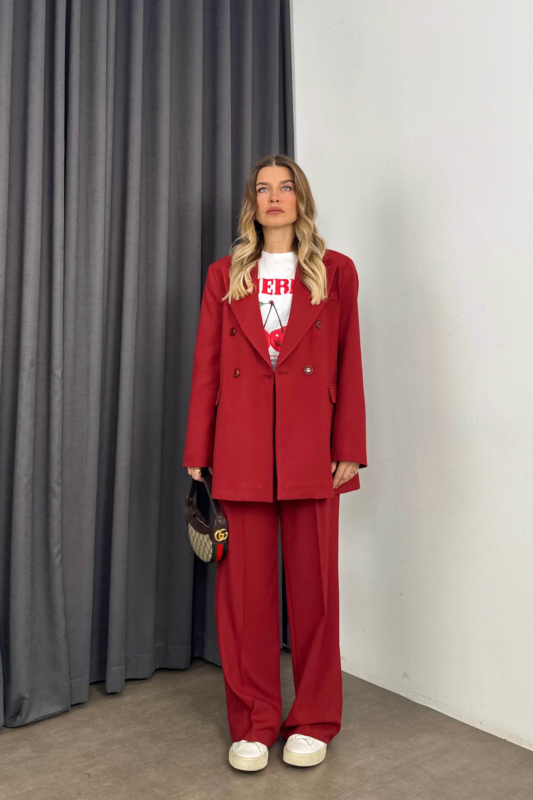 Bordo Yüksek Bel Pantolon Ceket Oversize Takım