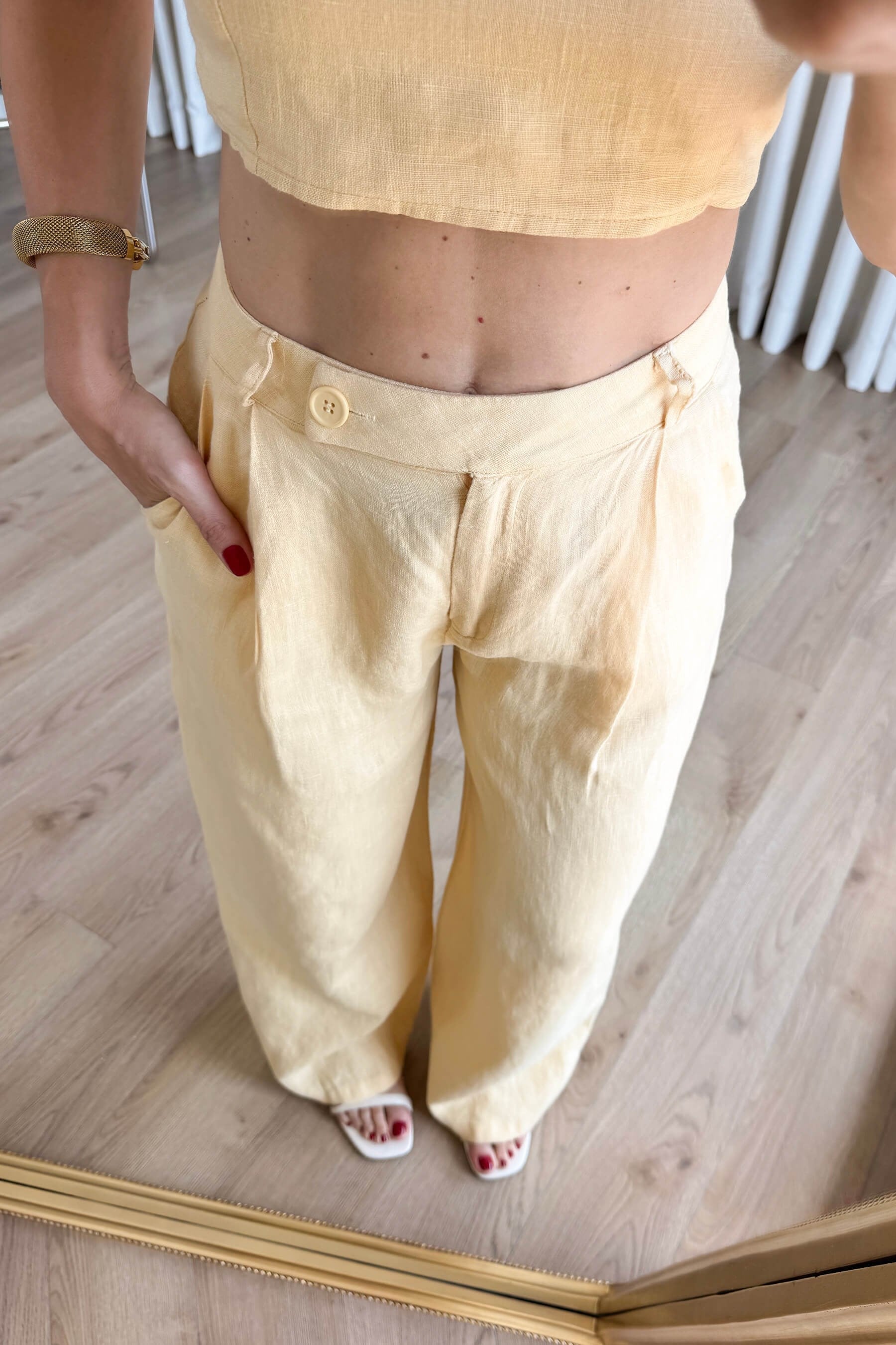 Butter Yellow Askılı Keten Büstiyer Pantolon Takım