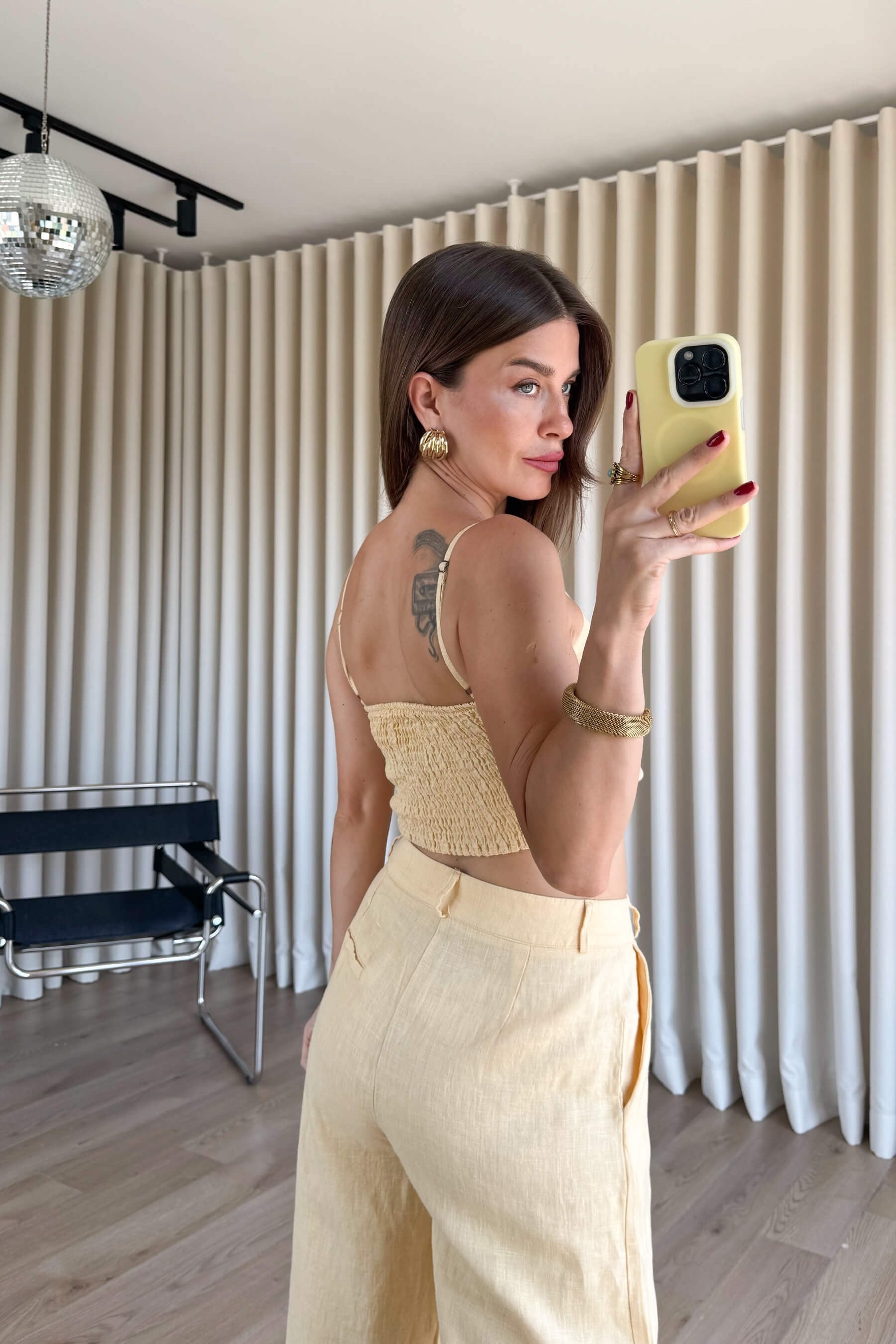 Butter Yellow Askılı Keten Büstiyer Pantolon Takım