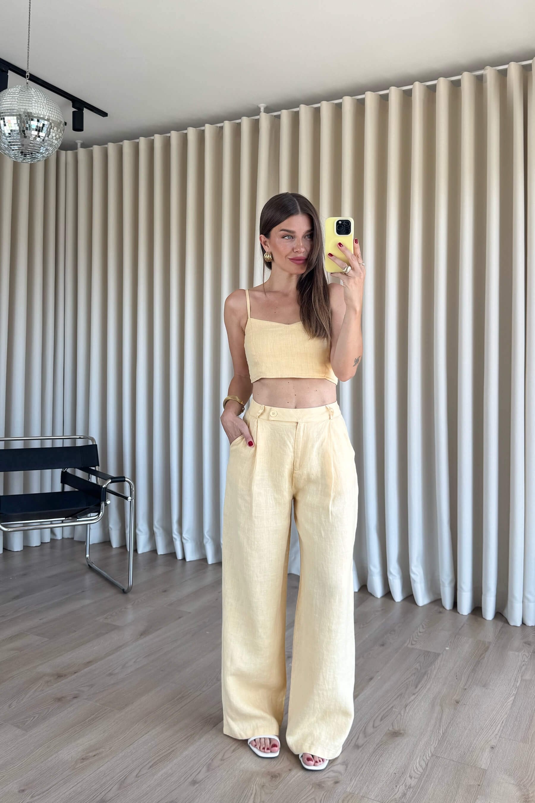Butter Yellow Askılı Keten Büstiyer Pantolon Takım