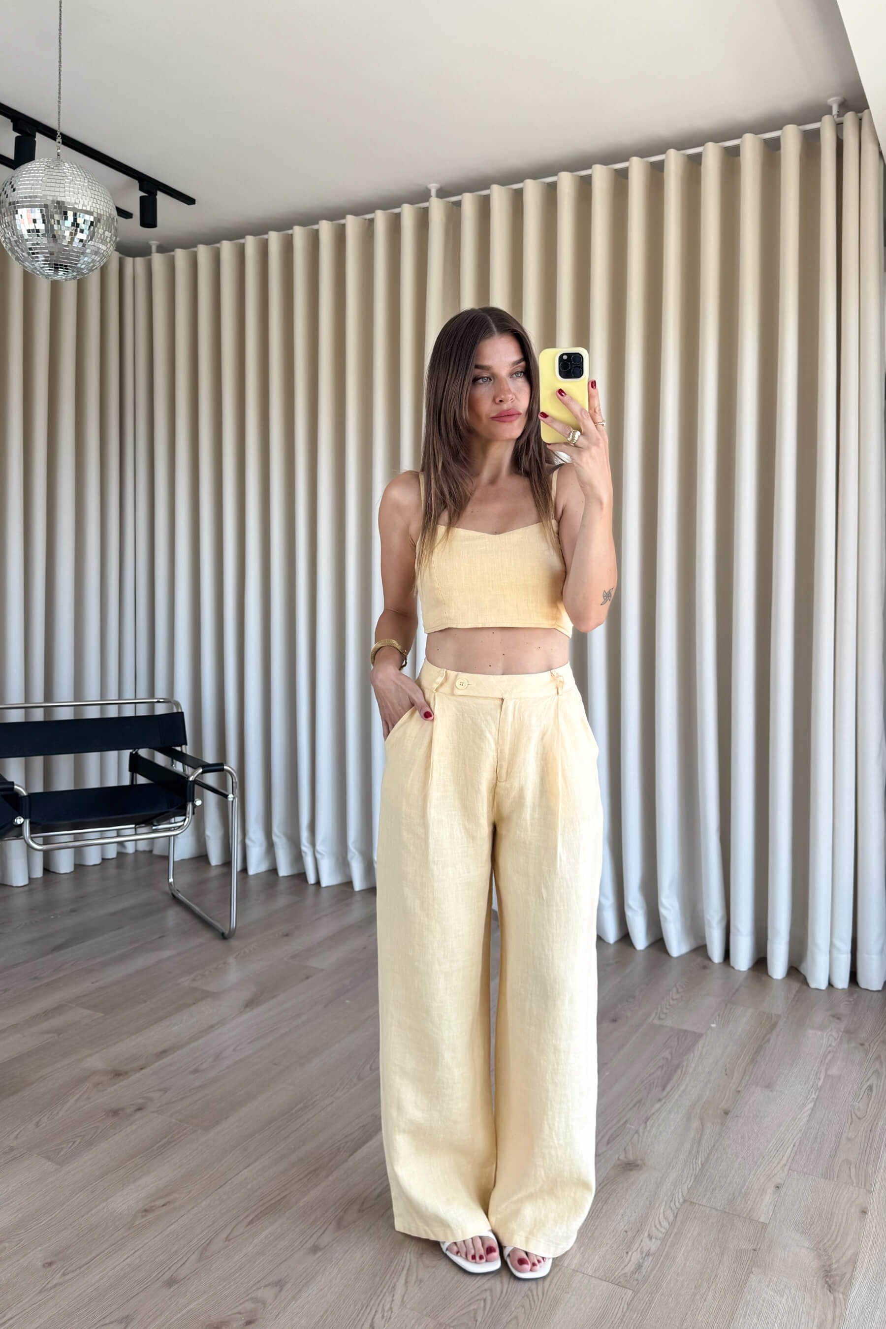 Butter Yellow Askılı Keten Büstiyer Pantolon Takım