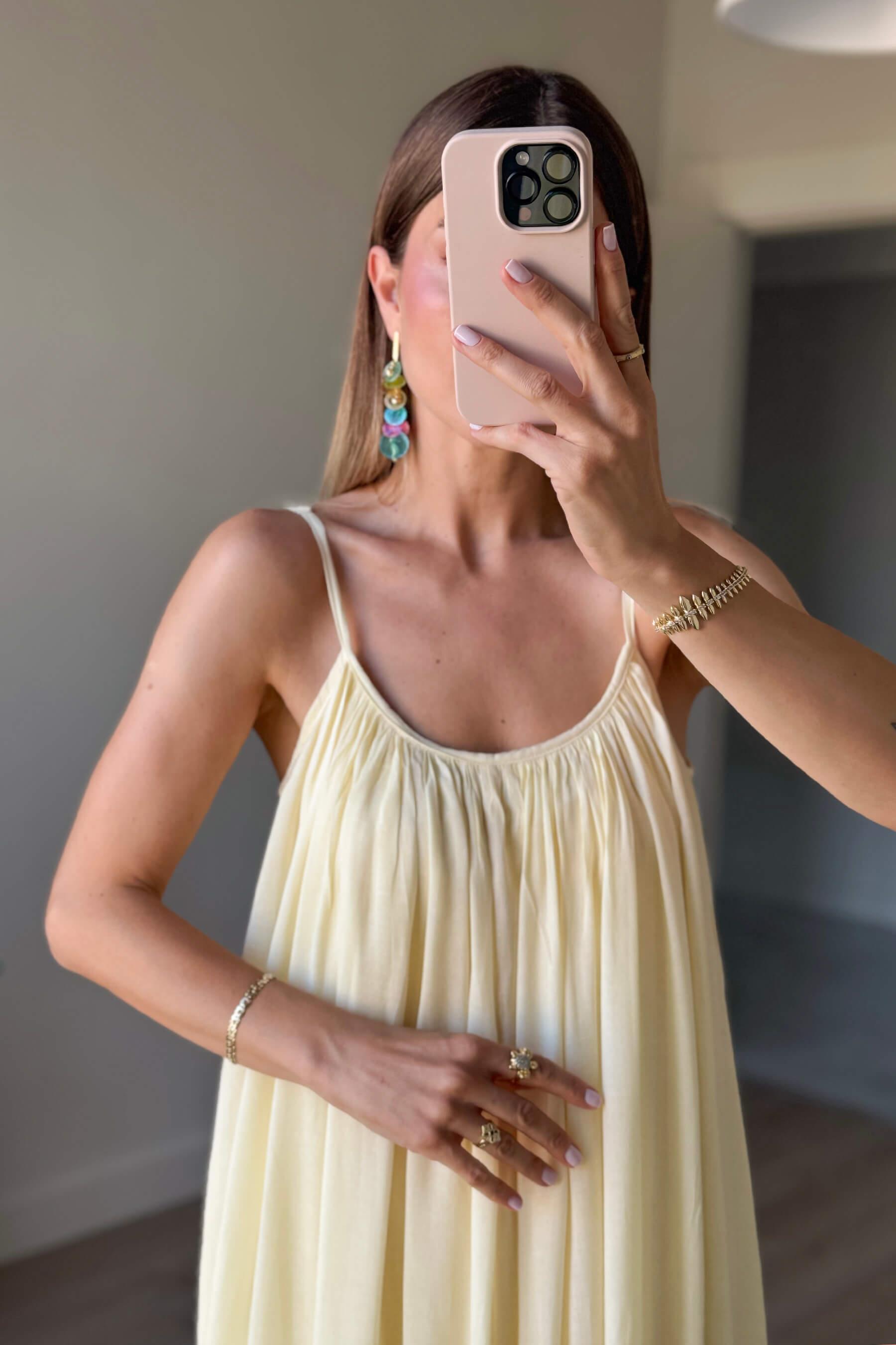 Butter Yellow İnce Askılı Astarlı Pamuklu Oversize Elbise