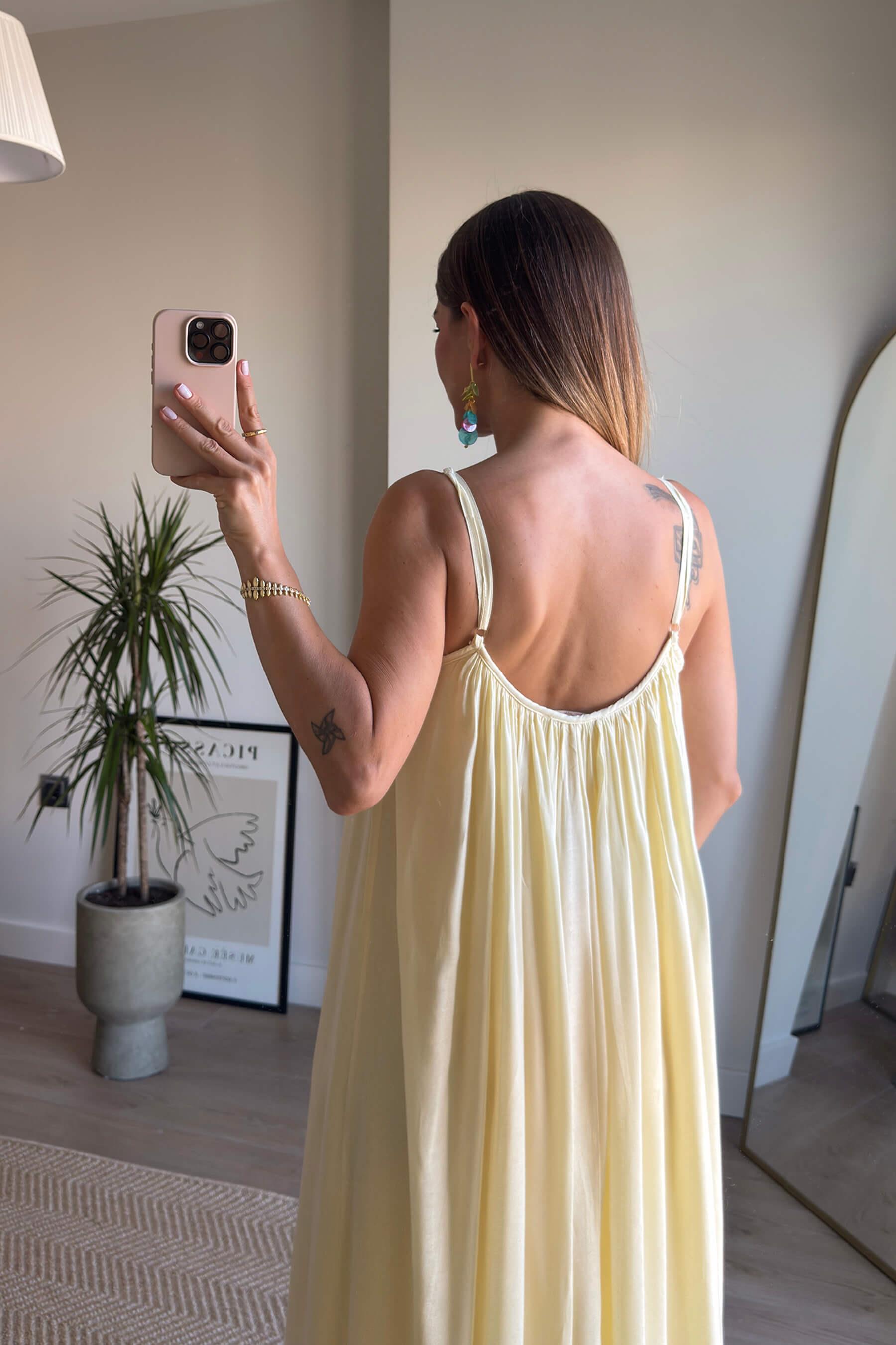 Butter Yellow İnce Askılı Astarlı Pamuklu Oversize Elbise