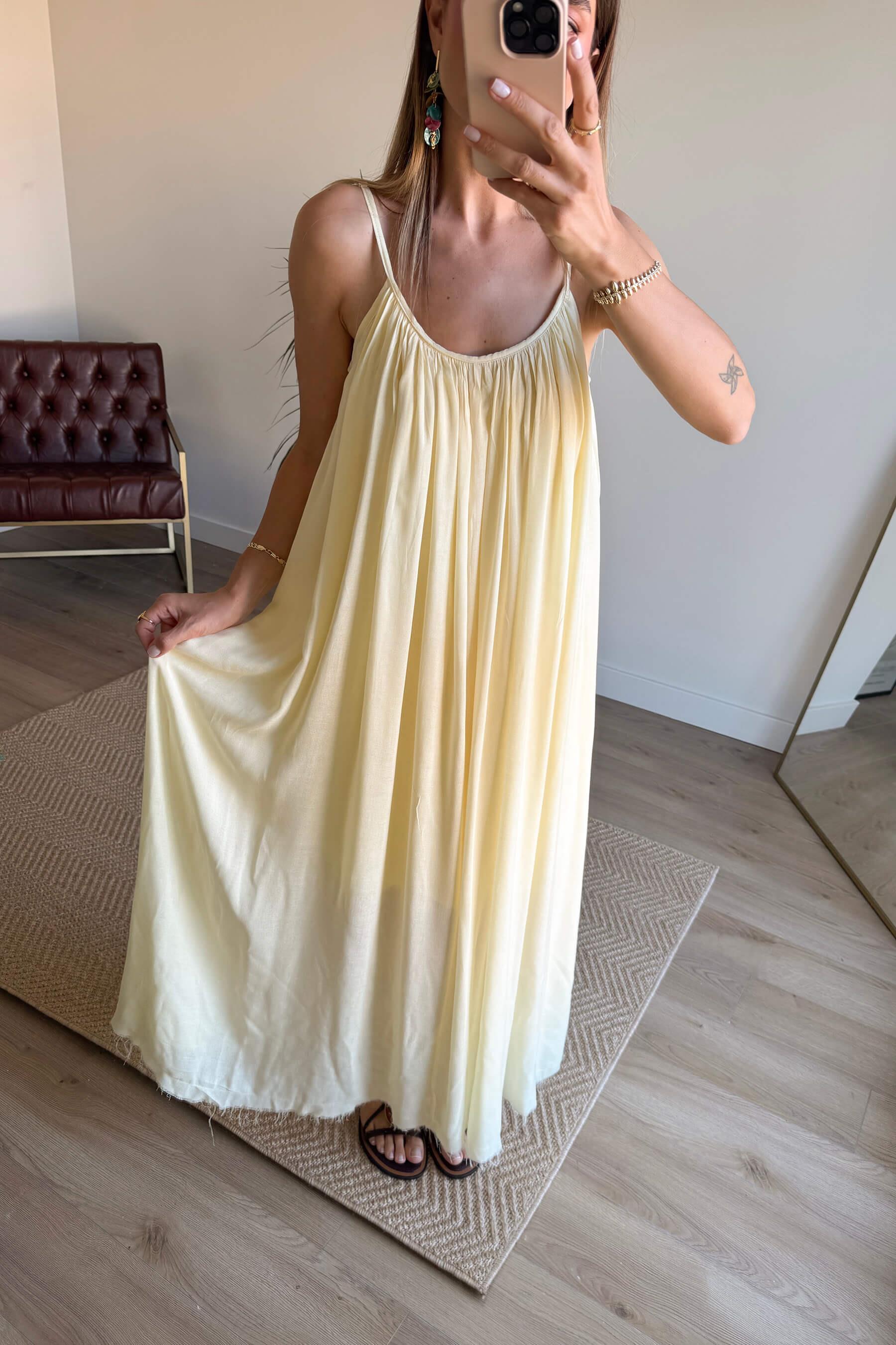 Butter Yellow İnce Askılı Astarlı Pamuklu Oversize Elbise