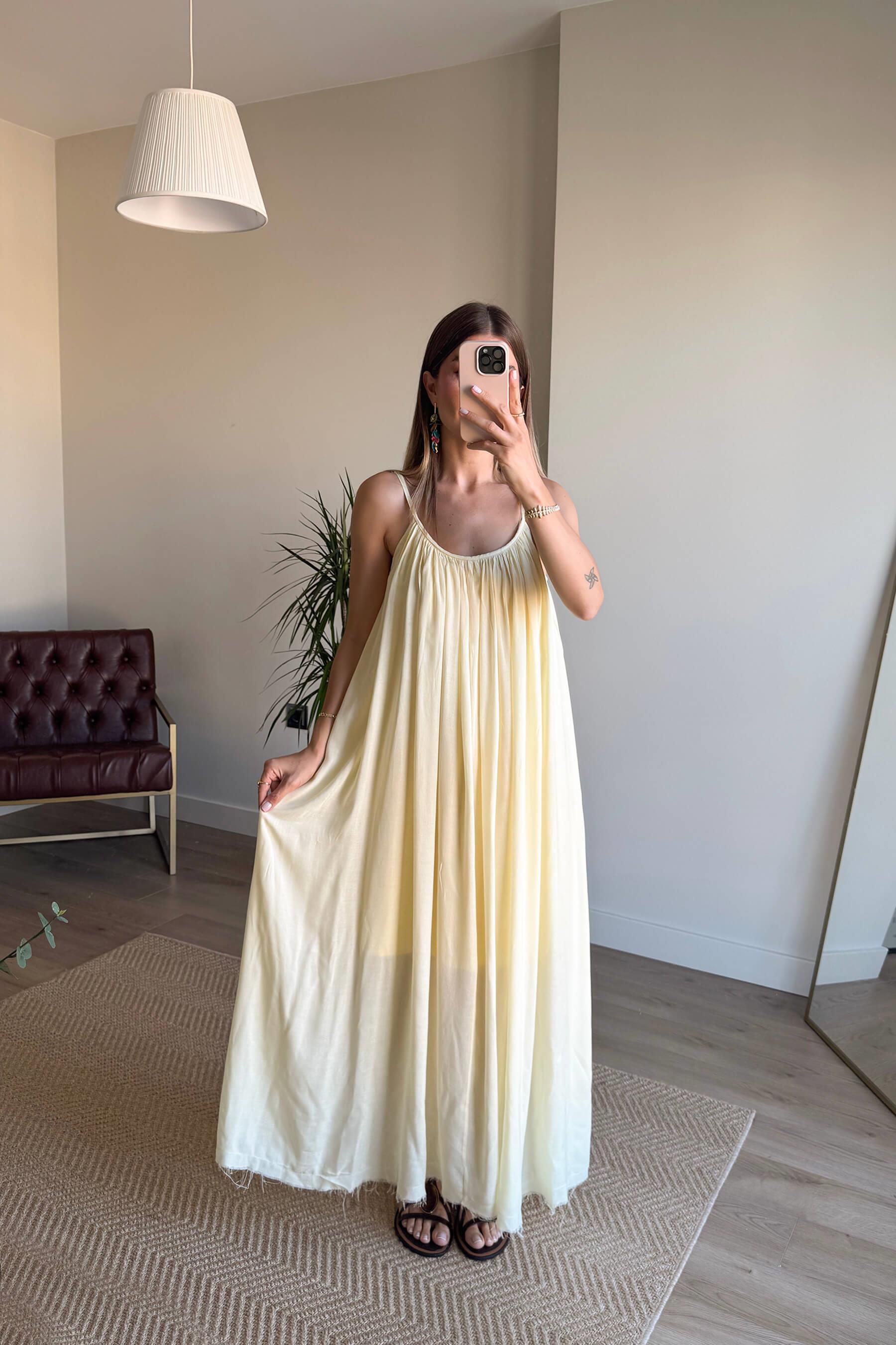 Butter Yellow İnce Askılı Astarlı Pamuklu Oversize Elbise