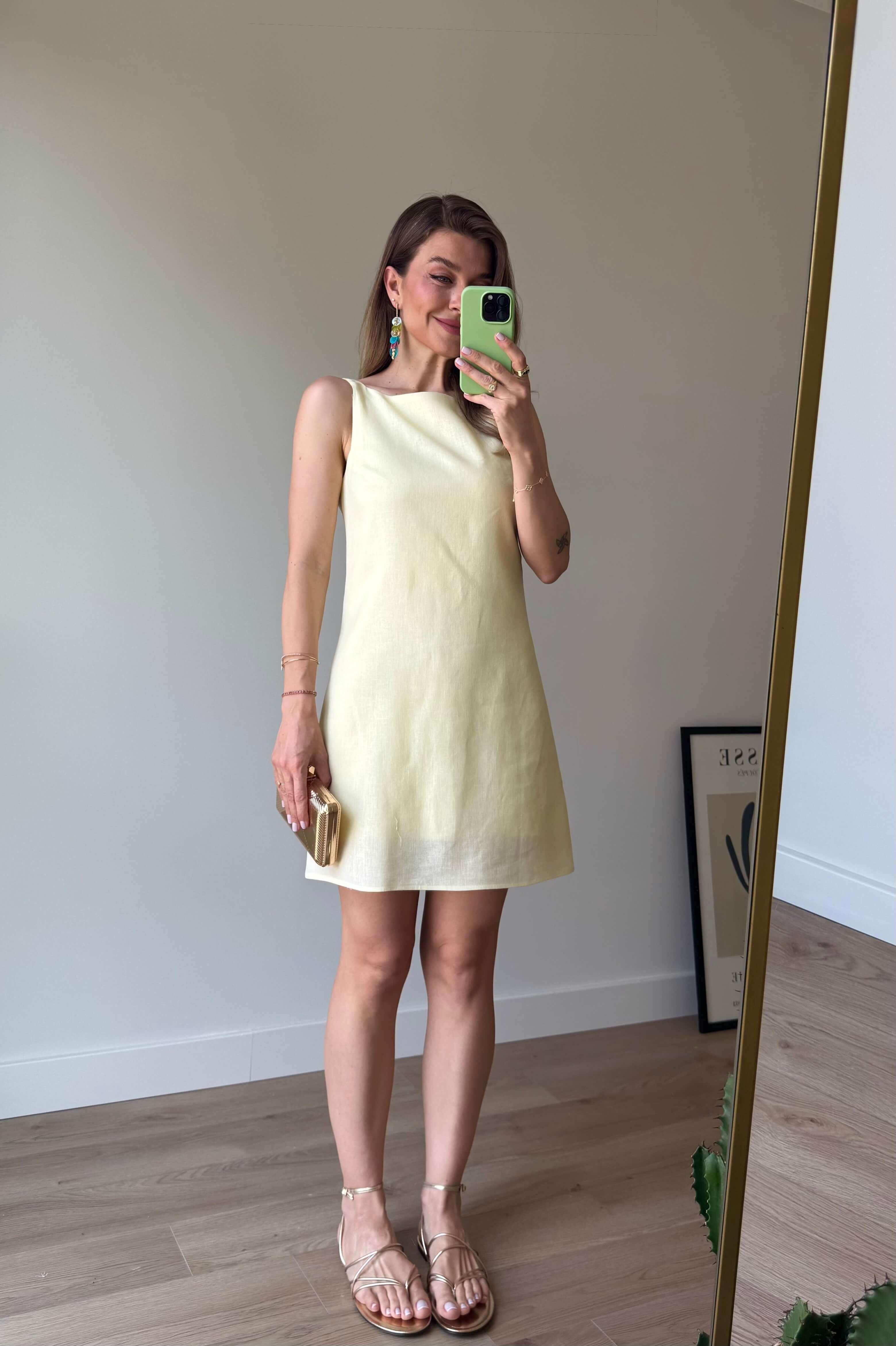 Butter Yellow Kare Yaka Askılı Astarlı Premium Keten Elbise