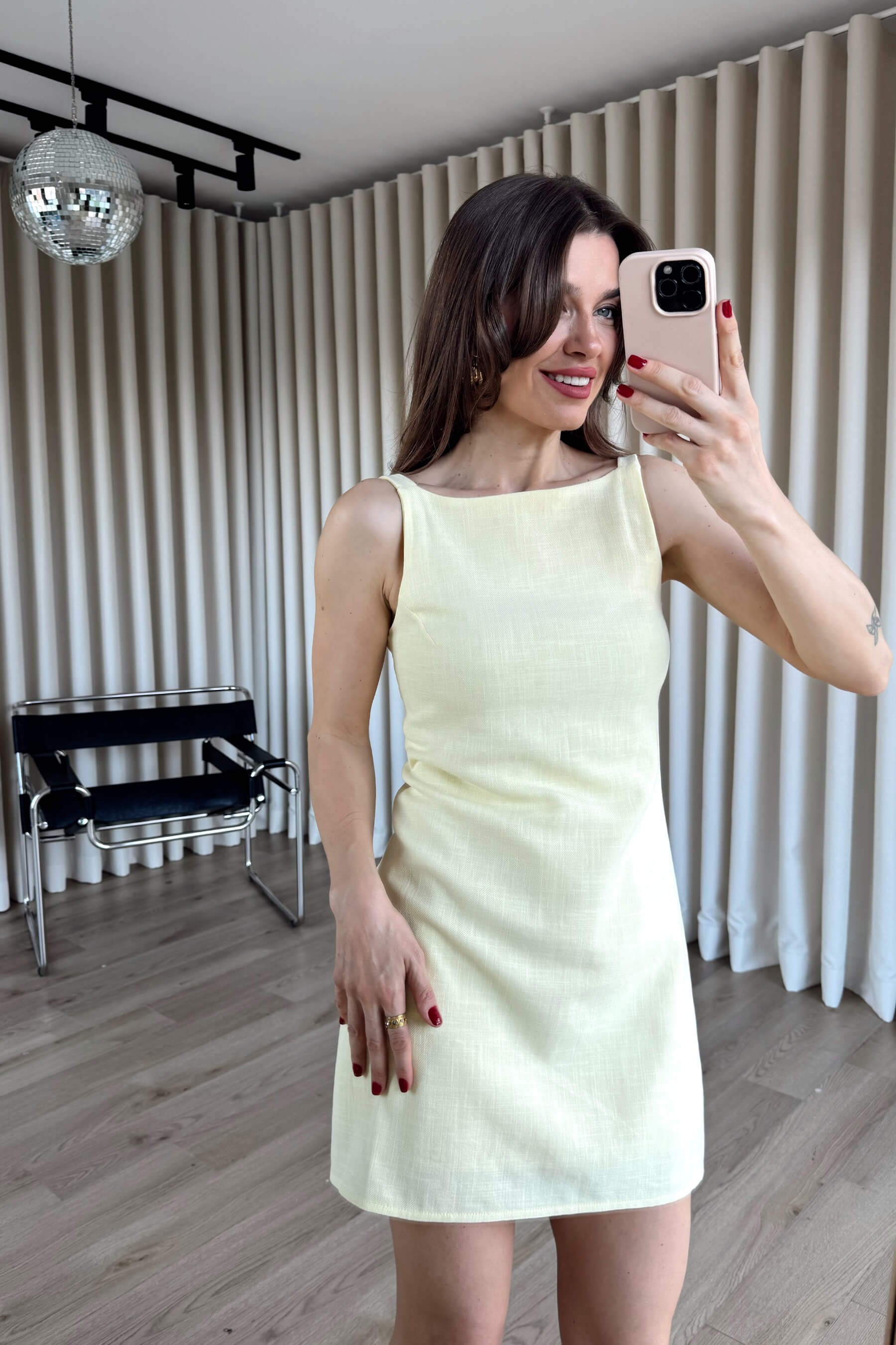 Butter Yellow Kare Yaka Askılı Astarlı Premium Keten Dokulu Elbise
