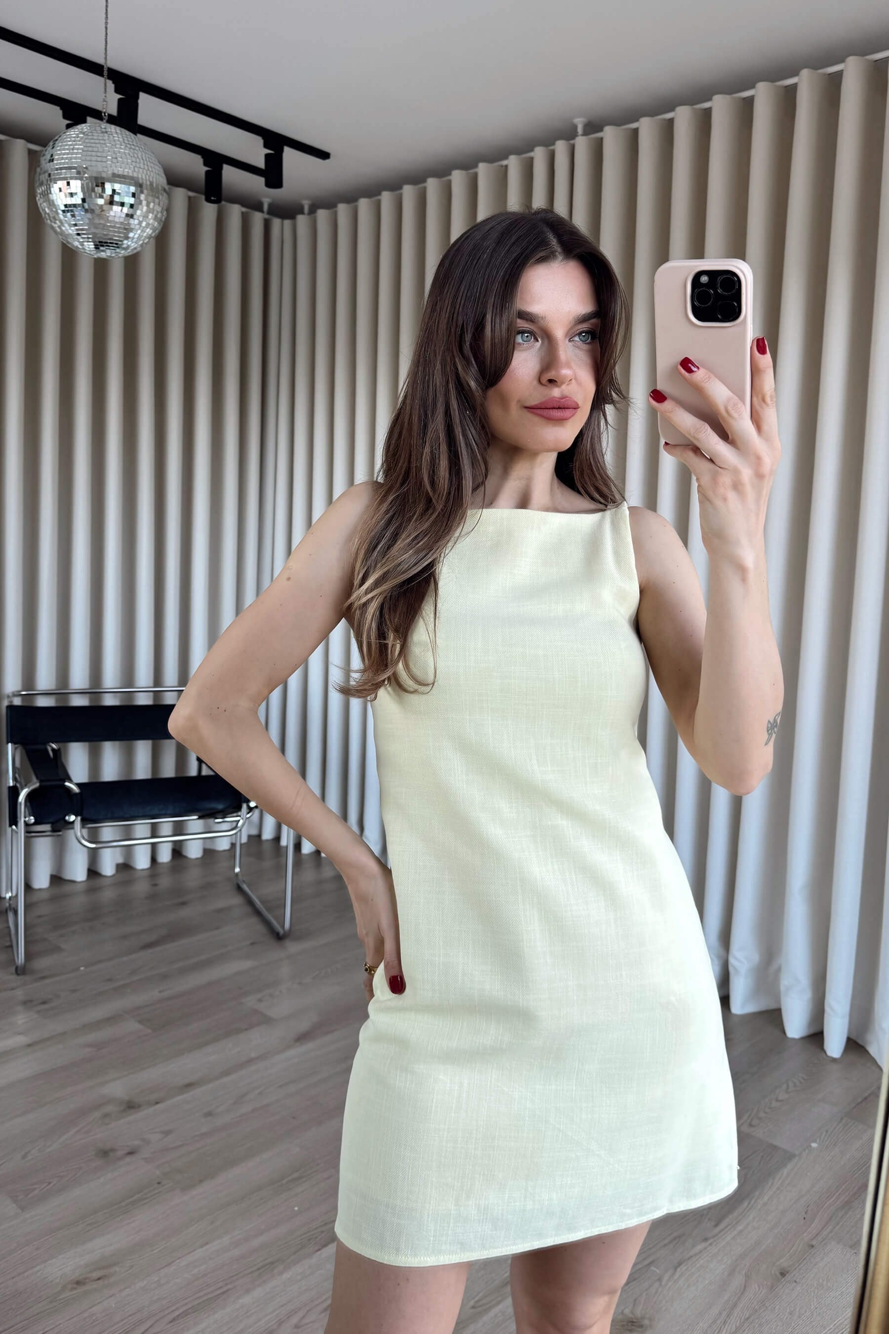 Butter Yellow Kare Yaka Askılı Astarlı Premium Keten Dokulu Elbise