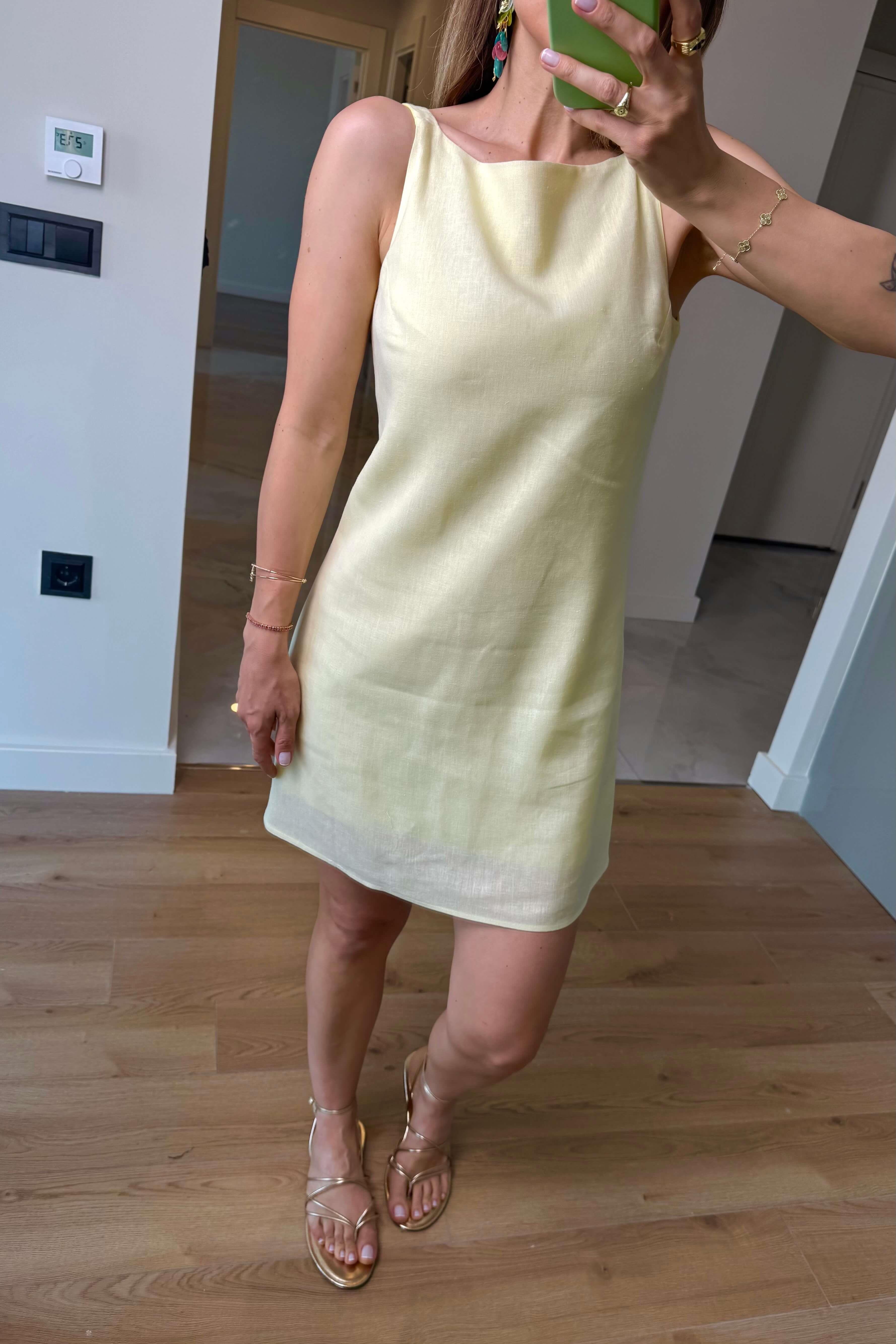 Butter Yellow Kare Yaka Askılı Astarlı Premium Keten Elbise