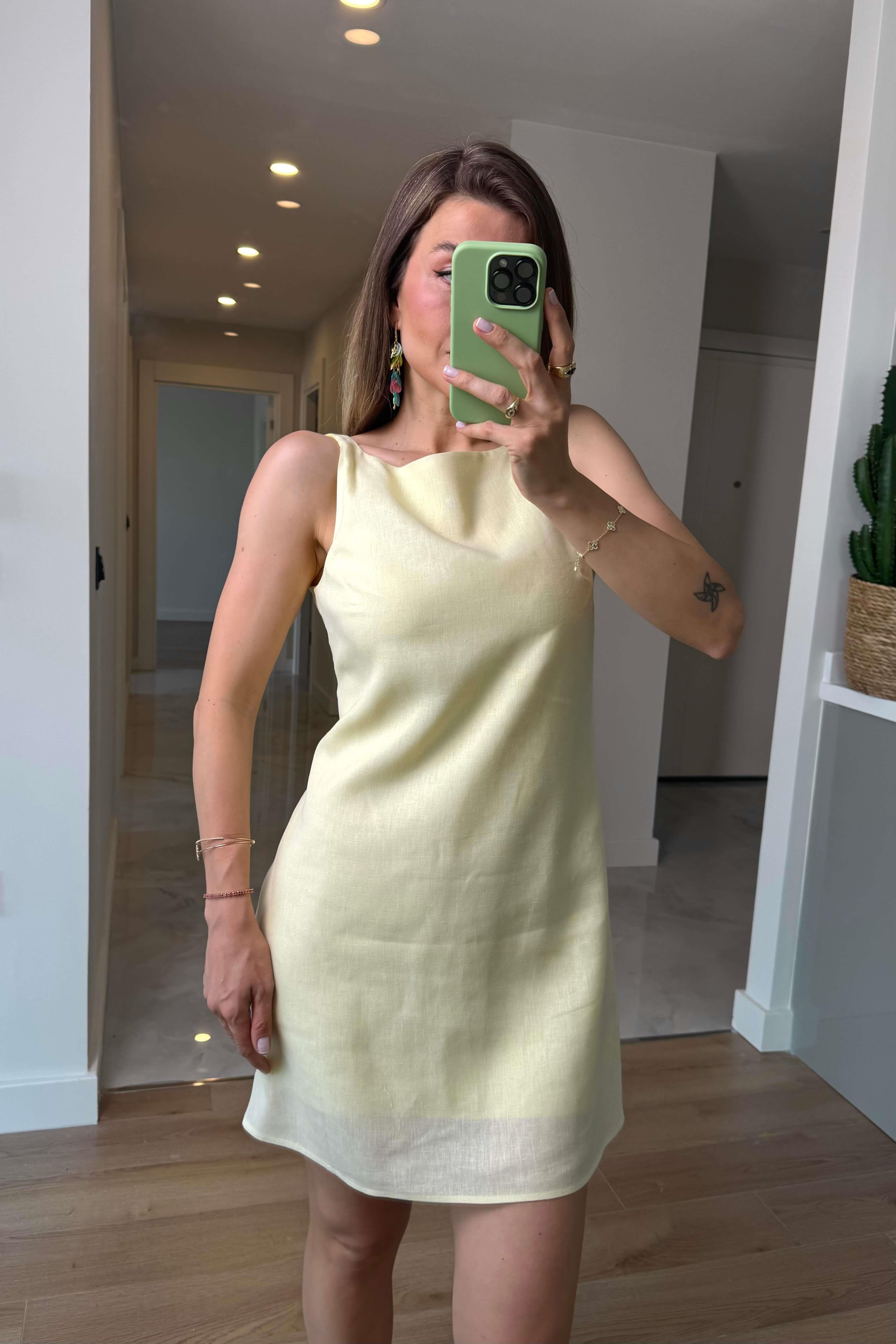 Butter Yellow Kare Yaka Askılı Astarlı Premium Keten Elbise