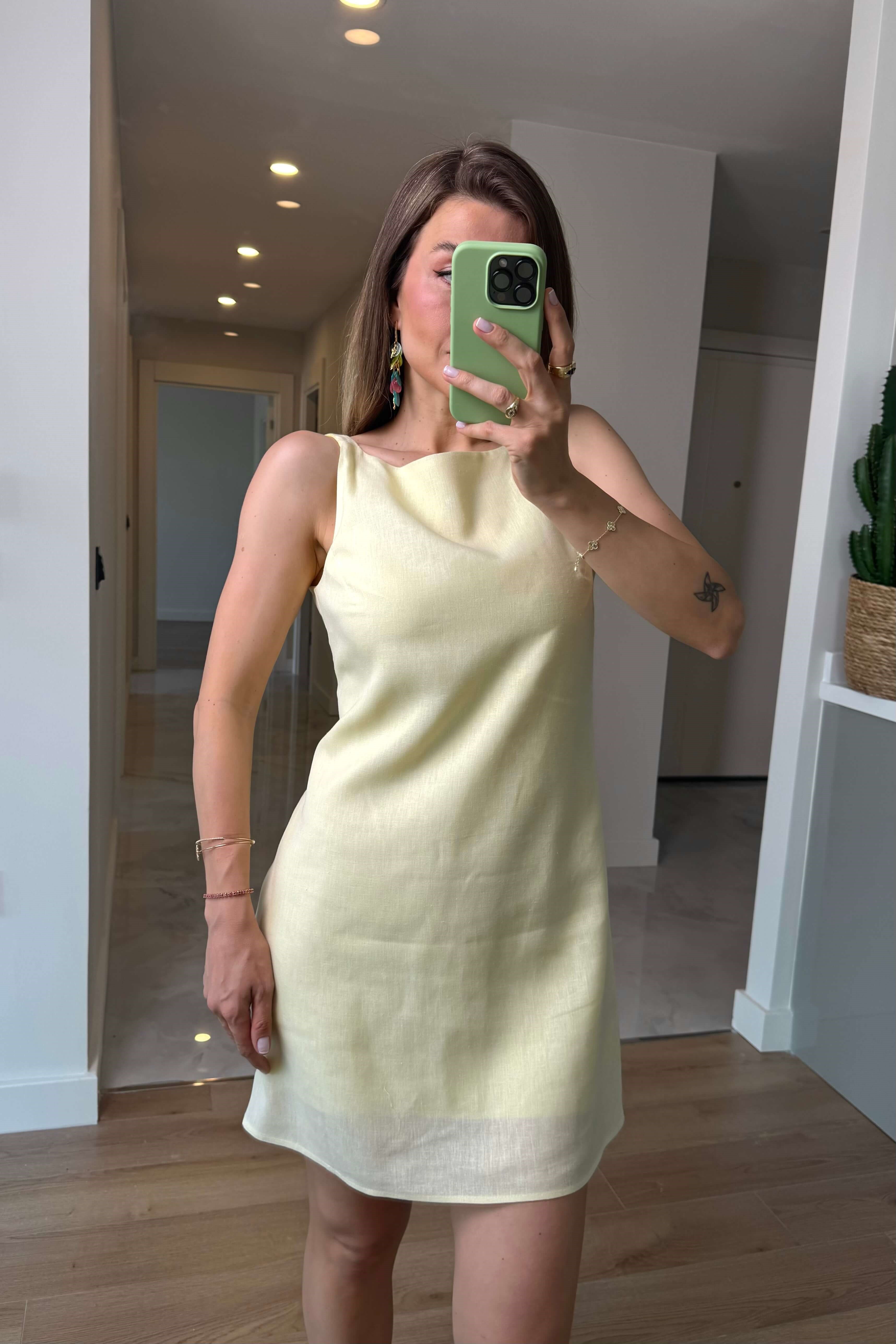 Butter Yellow Kare Yaka Askılı Astarlı Premium Keten Dokulu Elbise