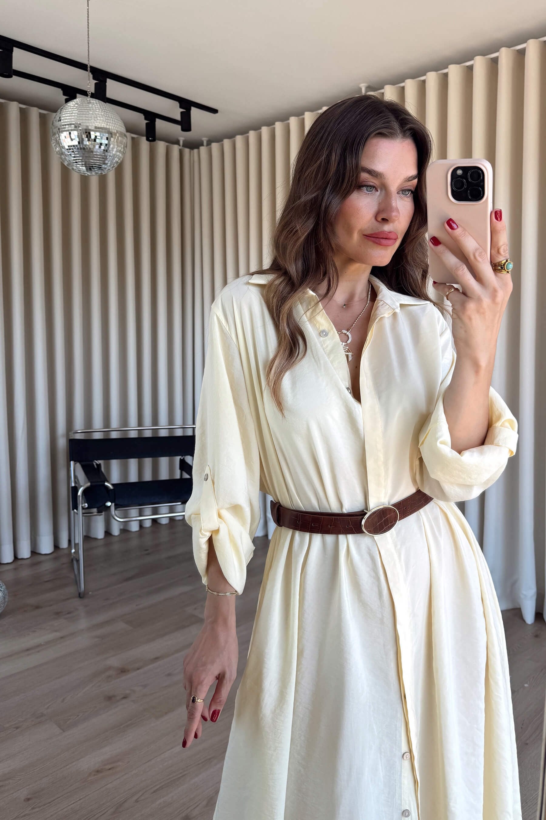 Butter Yellow Oversize Kemerli Modal Gömlek Elbise