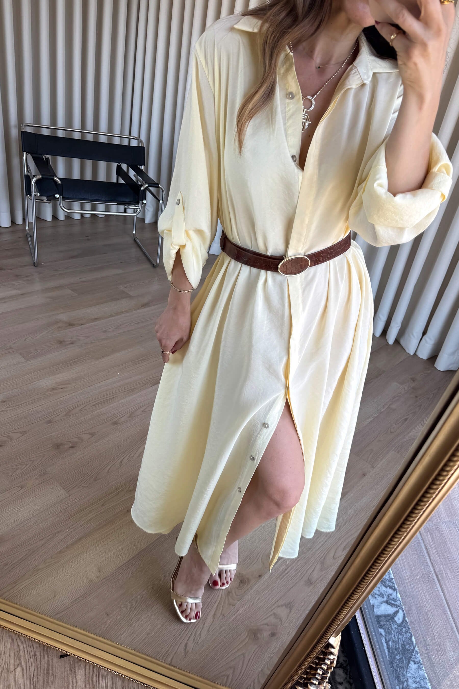 Butter Yellow Oversize Kemerli Modal Gömlek Elbise