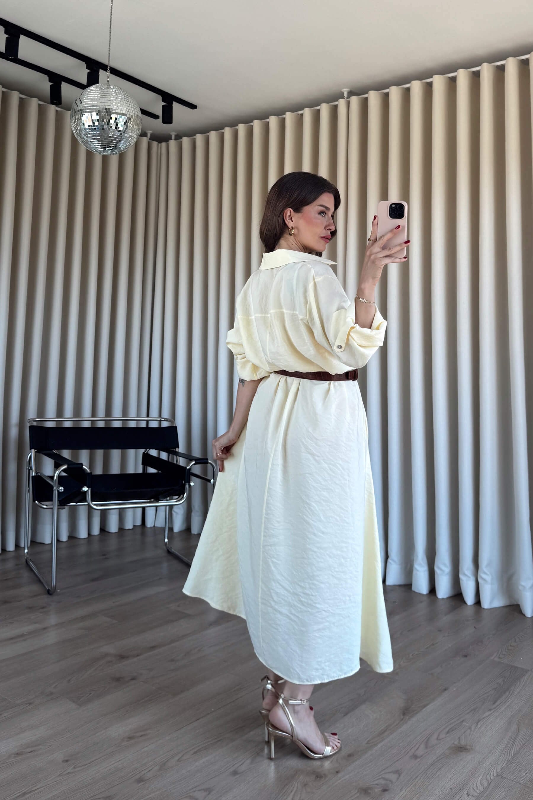 Butter Yellow Oversize Kemerli Modal Gömlek Elbise