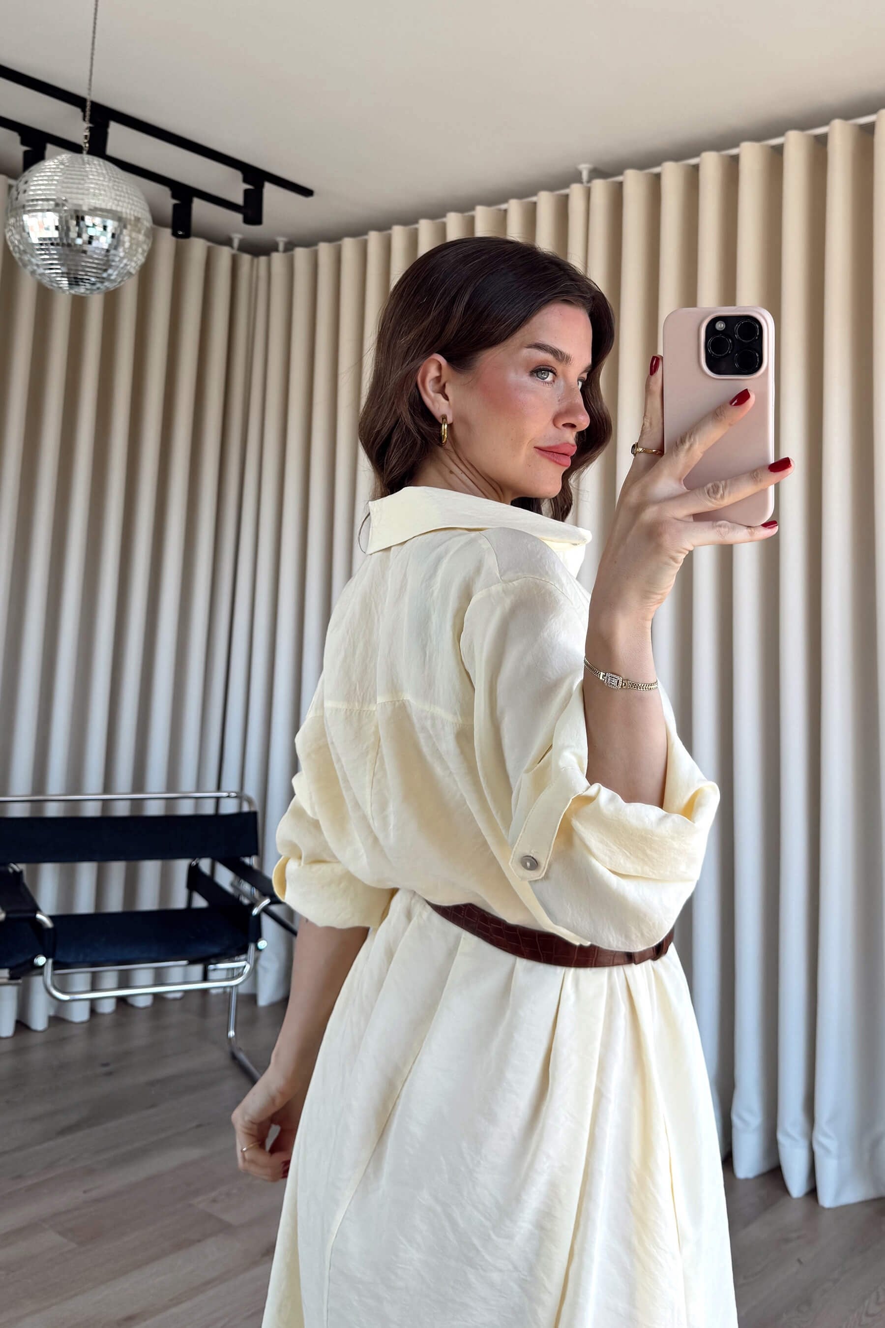 Butter Yellow Oversize Kemerli Modal Gömlek Elbise